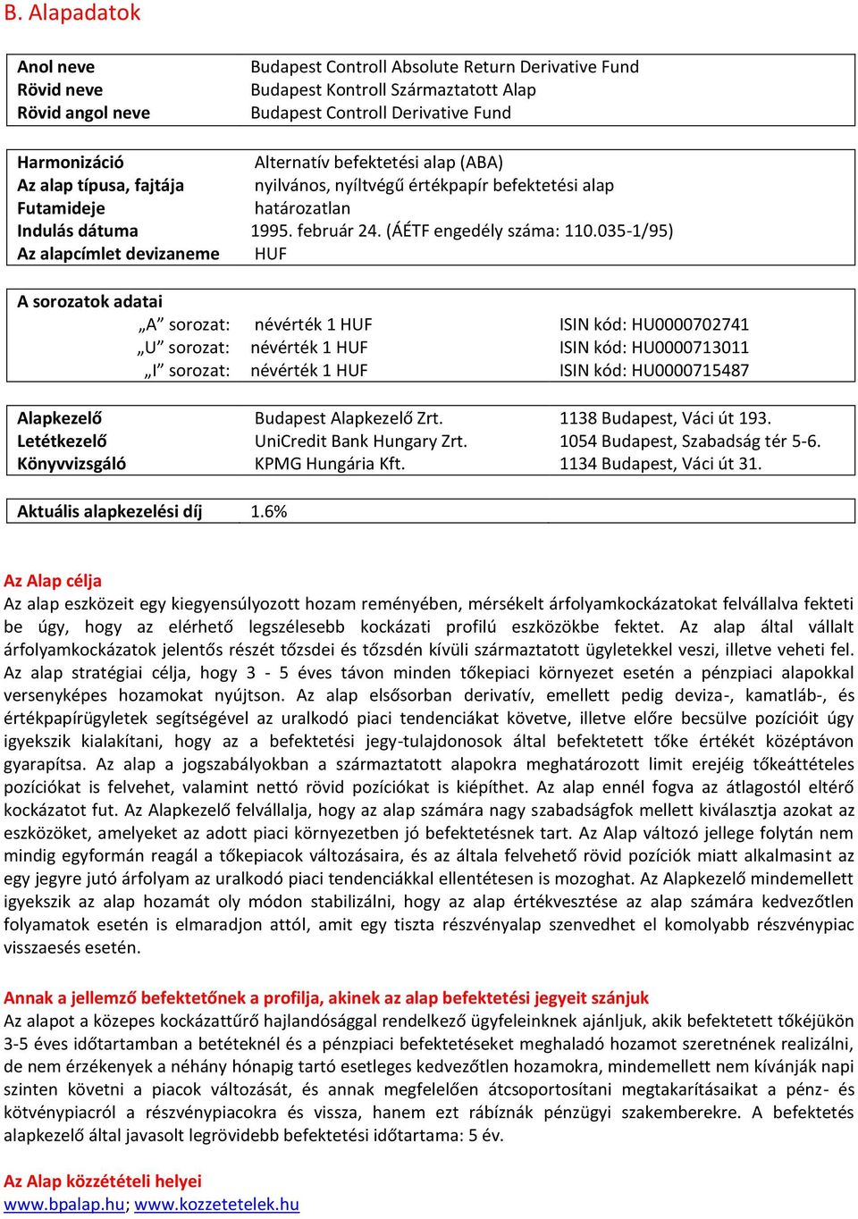 035-1/95) Az alapcímlet devizaneme HUF A sorozatok adatai A sorozat: névérték 1 HUF ISIN kód: HU0000702741 U sorozat: I sorozat: névérték 1 HUF névérték 1 HUF ISIN kód: HU0000713011 ISIN kód: