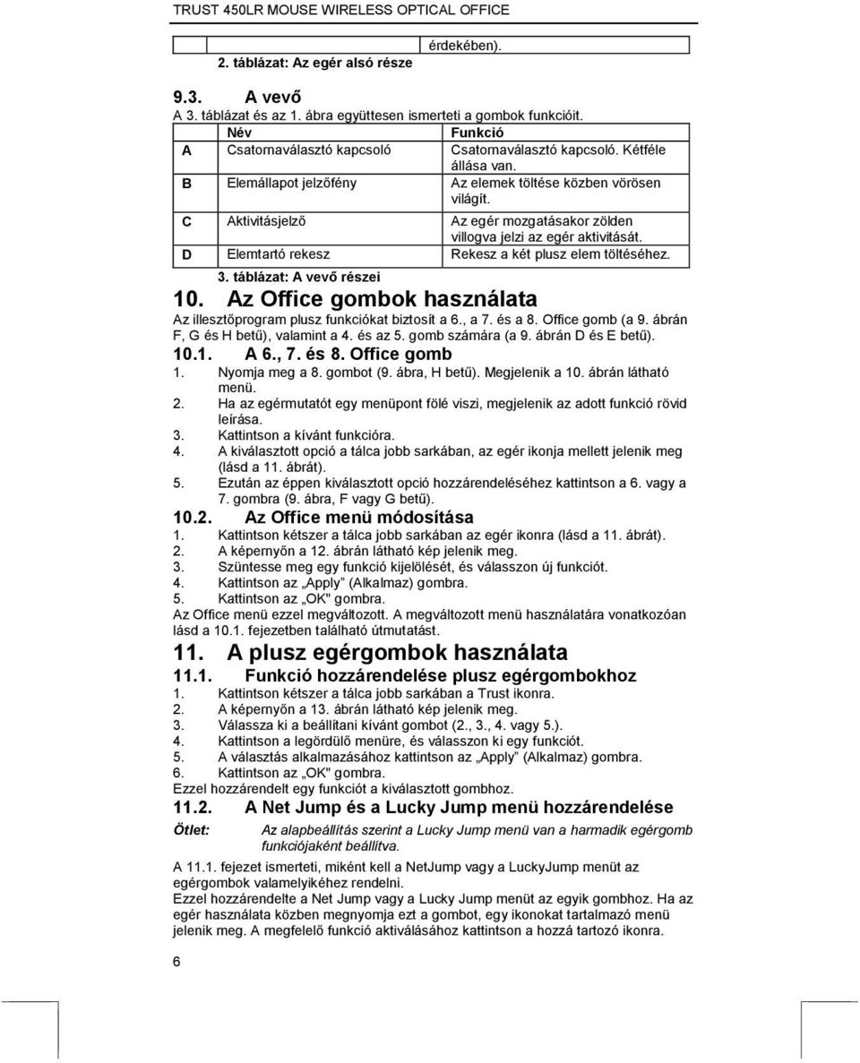 D Elemtartó rekesz Rekesz a két plusz elem töltéséhez. 3. táblázat: A vevő részei 10. Az Office gombok használata Az illesztőprogram plusz funkciókat biztosít a 6., a 7. és a 8. Office gomb (a 9.