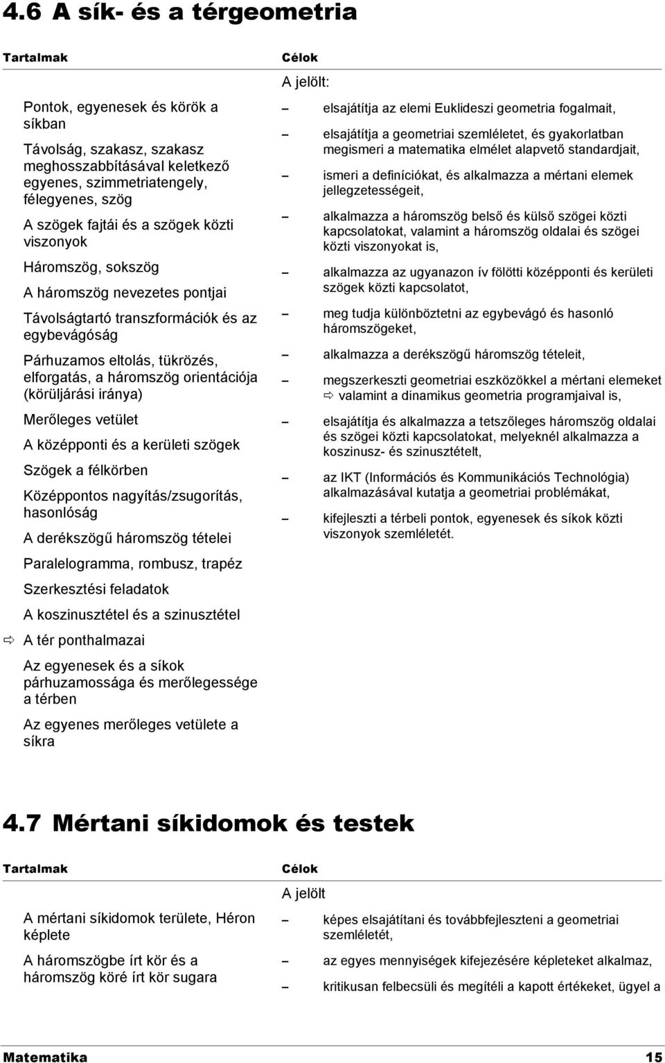 (körüljárási iránya) Merőleges vetület A középponti és a kerületi szögek Szögek a félkörben Középpontos nagyítás/zsugorítás, hasonlóság A derékszögű háromszög tételei Paralelogramma, rombusz, trapéz