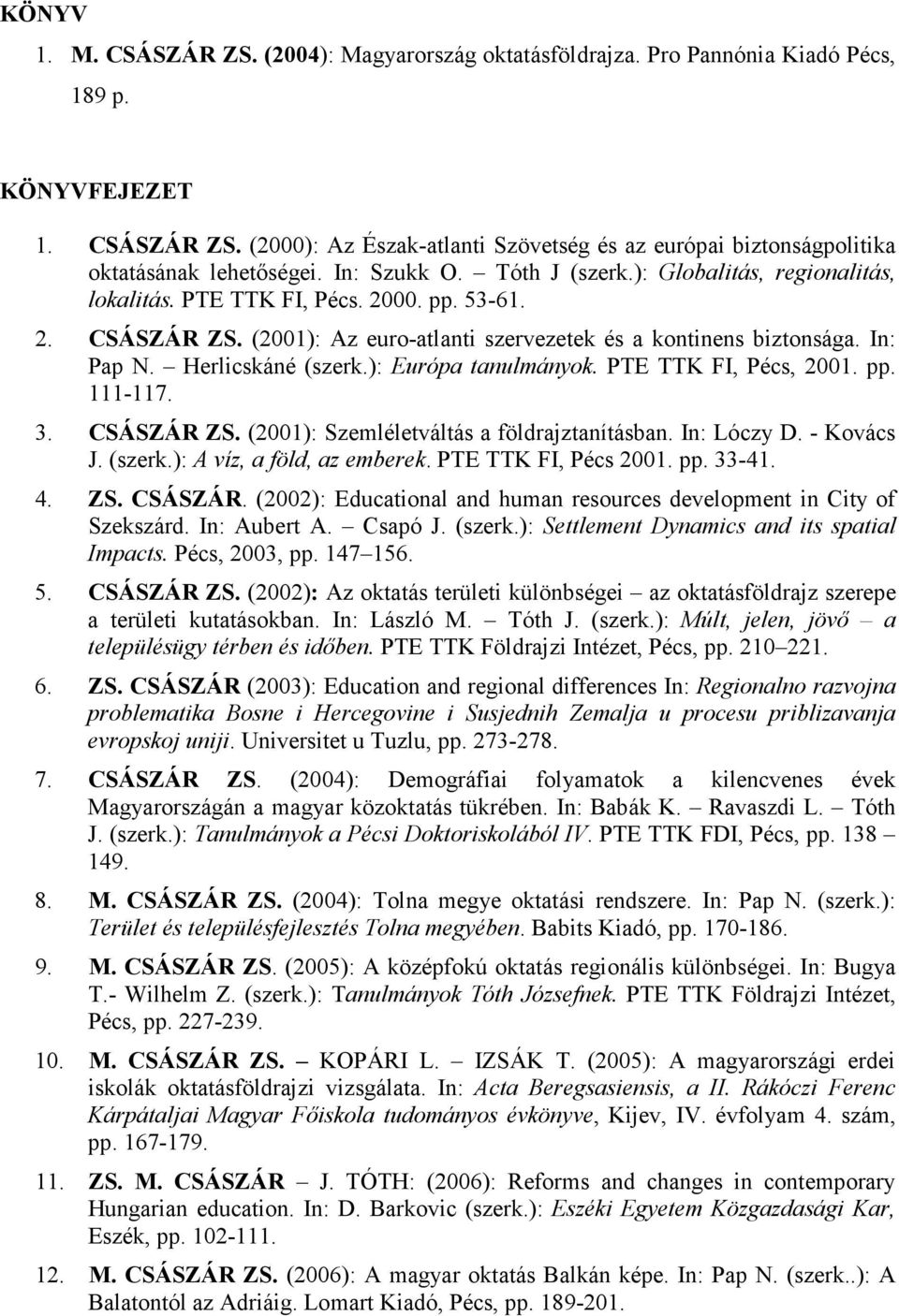 Herlicskáné (szerk.): Európa tanulmányok. PTE TTK FI, Pécs, 2001. pp. 111-117. 3. CSÁSZÁR ZS. (2001): Szemléletváltás a földrajztanításban. In: Lóczy D. - Kovács J. (szerk.): A víz, a föld, az emberek.