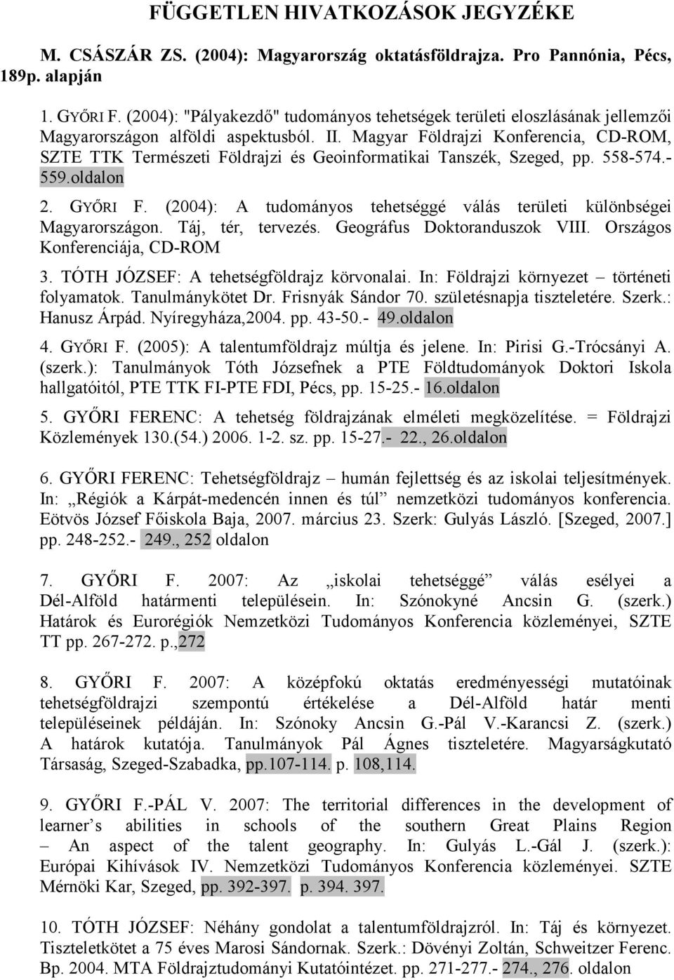 Magyar Földrajzi Konferencia, CD-ROM, SZTE TTK Természeti Földrajzi és Geoinformatikai Tanszék, Szeged, pp. 558-574.- 559.oldalon 2. GYİRI F.