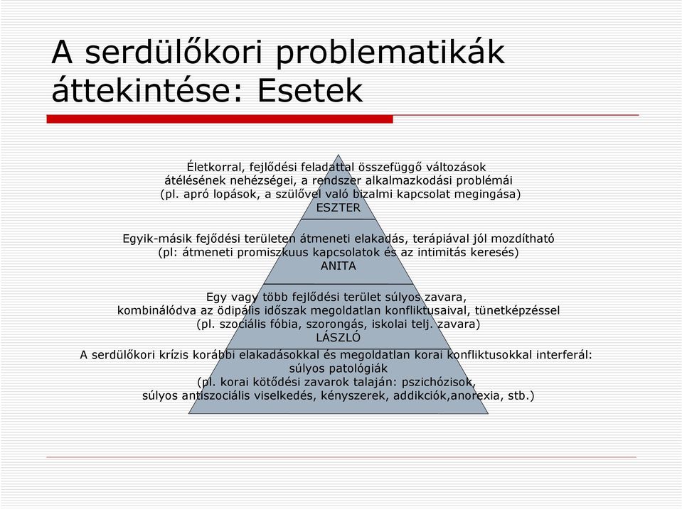 keresés) ANITA Egy vagy több fejlődési terület súlyos zavara, kombinálódva az ödipális időszak megoldatlan konfliktusaival, tünetképzéssel (pl. szociális fóbia, szorongás, iskolai telj.