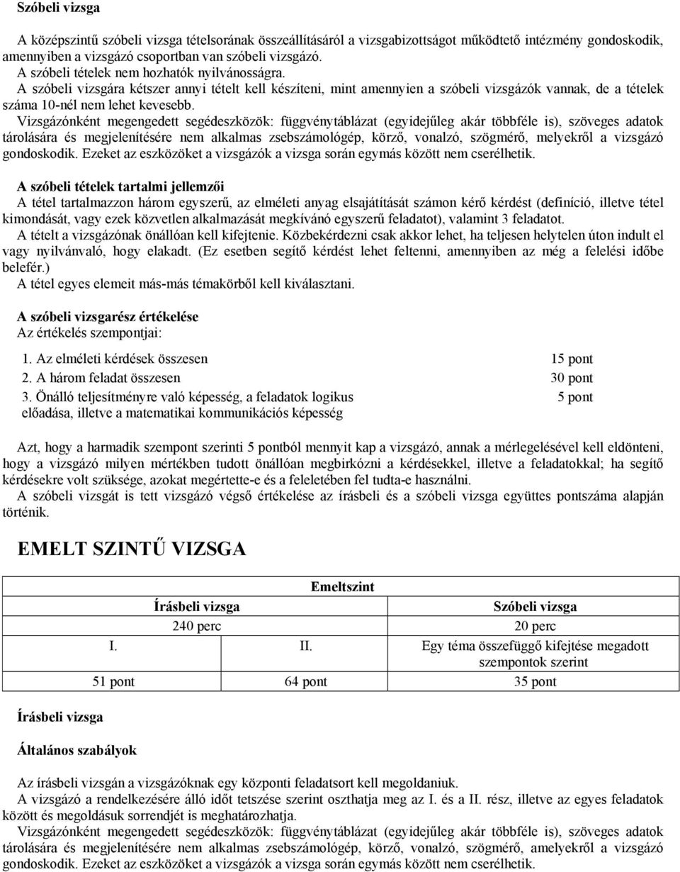 Vizsgázónként megengedett segédeszközök: függvénytáblázat (egyidejűleg akár többféle is), szöveges adatok tárolására és megjelenítésére nem alkalmas zsebszámológép, körző, vonalzó, szögmérő,