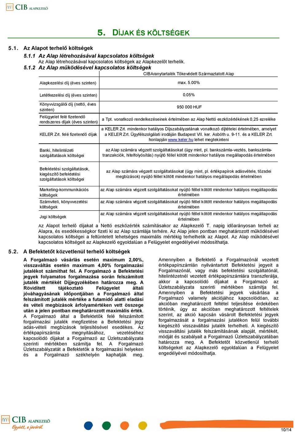 felé fizetendő díjak Banki, hitelintézeti szolgáltatások költségei 0.05% 950 000 HUF a Tpt. vonatkozó rendelkezéseinek értelmében az Alap Nettó eszközértékének 0,25 ezreléke a KELER Zrt.