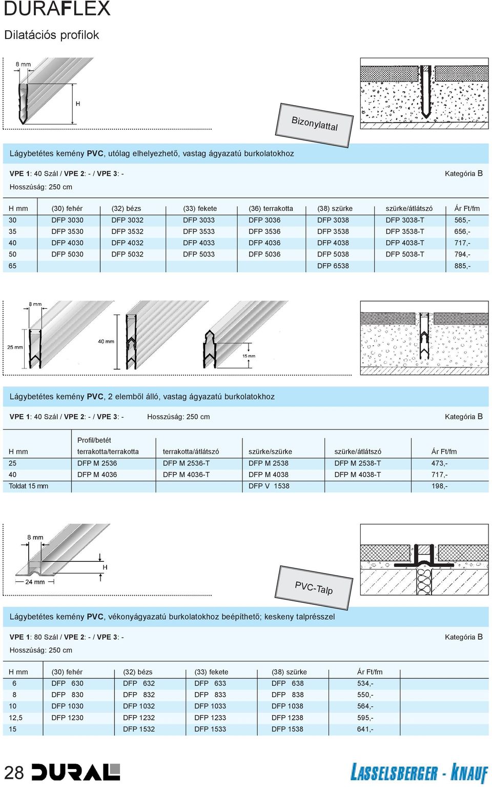 DFP 4033 DFP 4036 DFP 4038 DFP 4038-T 717,- 50 DFP 5030 DFP 5032 DFP 5033 DFP 5036 DFP 5038 DFP 5038-T 794,- 65 DFP 6538 885,- Lágybetétes kemény PVC, 2 elembõl álló, vastag ágyazatú burkolatokhoz