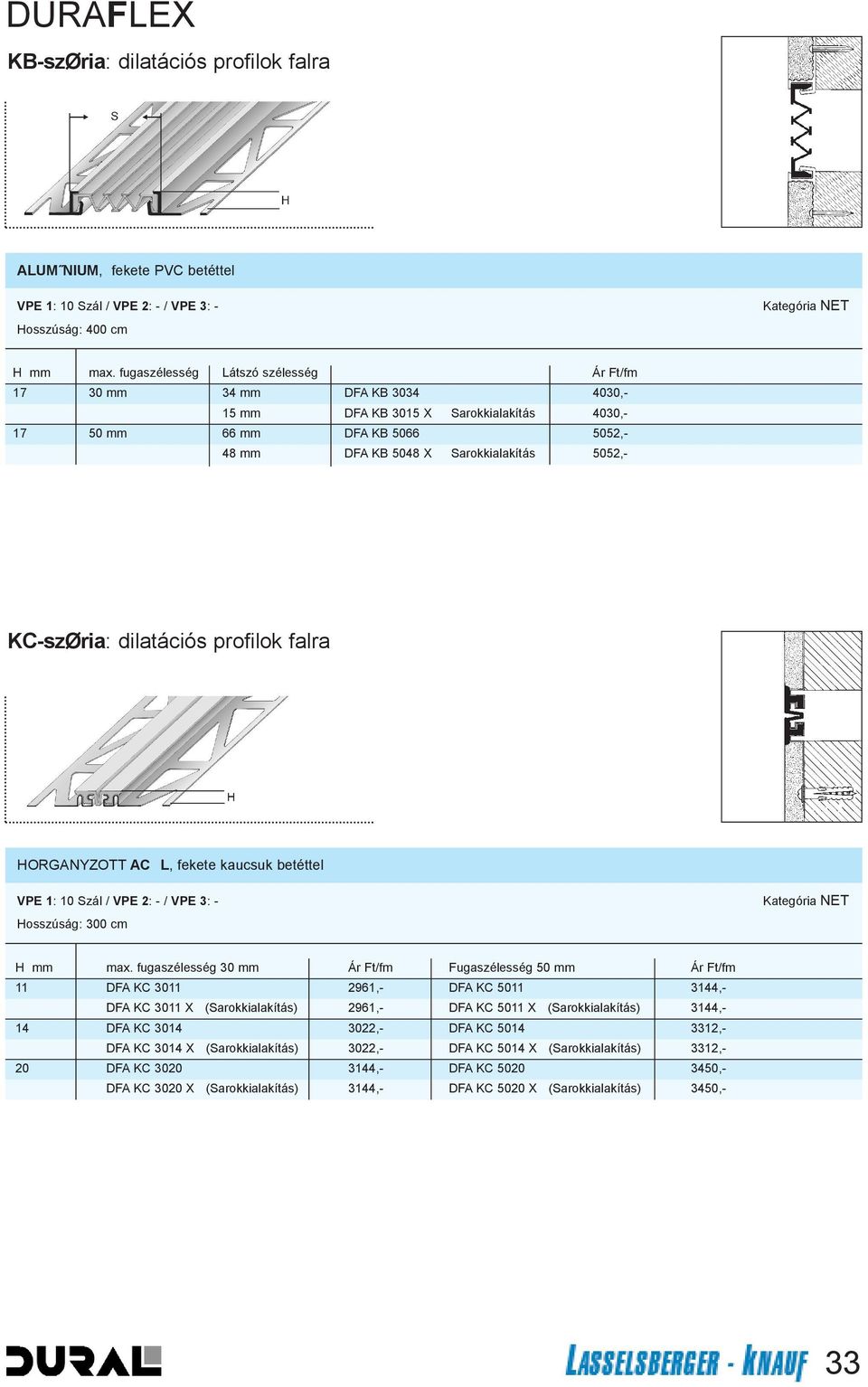 KC-szØria: dilatációs profilok falra HORGANYZOTT ACL, fekete kaucsuk betéttel Hosszúság: 300 cm H mm max.