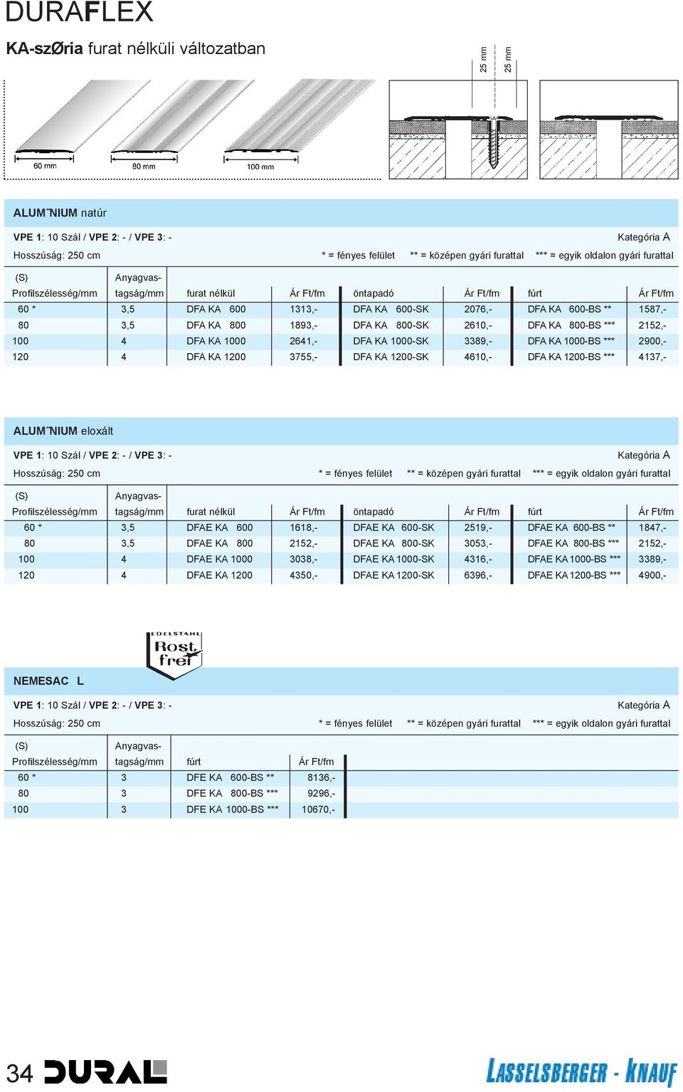 DFA KA 1000 2641,- DFA KA 1000-SK 3389,- DFA KA 1000-BS *** 2900,- 120 4 DFA KA 1200 3755,- DFA KA 1200-SK 4610,- DFA KA 1200-BS *** 4137,- ALUM NIUM eloxált * = fényes felület ** = középen gyári