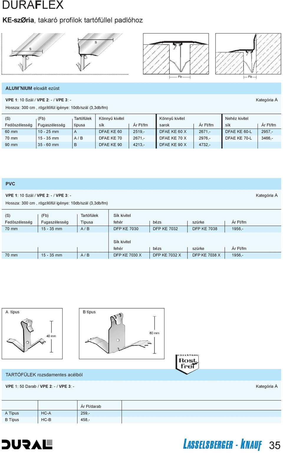 70 X 2976,- DFAE KE 70-L 3466,- 90 mm 35-60 mm B DFAE KE 90 4213,- DFAE KE 90 X 4732,- PVC Hossza: 300 cm, rögzítõfül igénye: 10db/szál (3,3db/fm) (S) (Fb) Tartófülek Sík kivitel Fedõszélesség