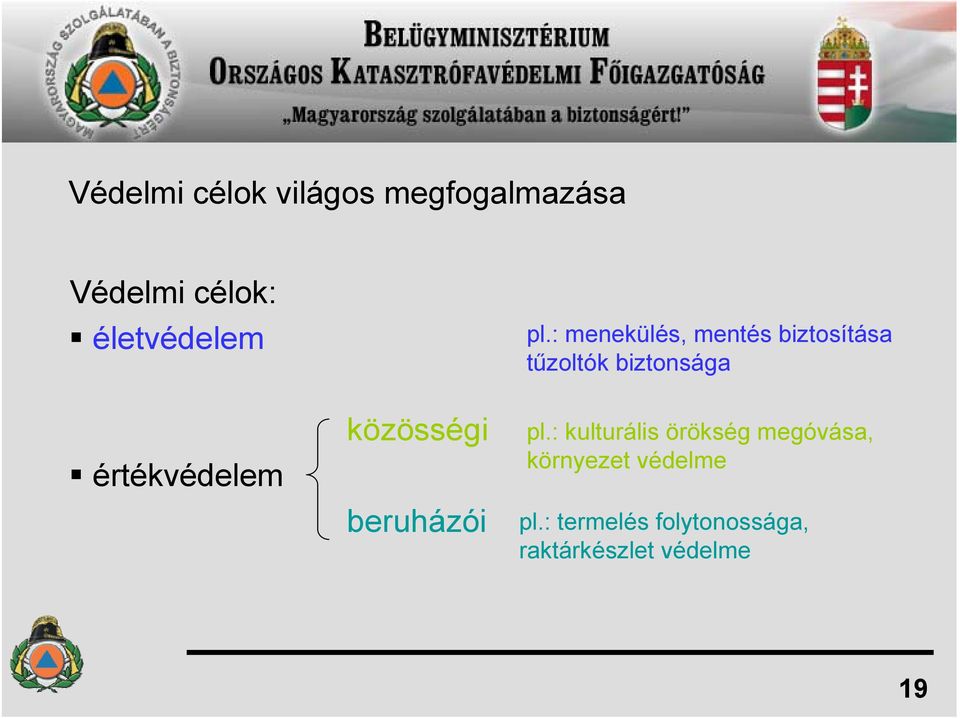 : menekülés, mentés biztosítása tűzoltók biztonsága pl.