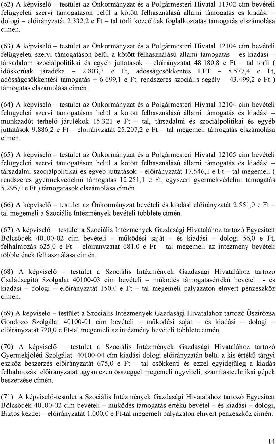 kötött felhasználású állami támogatás és kiadási társadalom szociálpolitikai és egyéb juttatások előirányzatát 48.180,8 e Ft tal törli ( időskorúak járadéka 2.803,3 e Ft, adósságcsökkentés LFT 8.