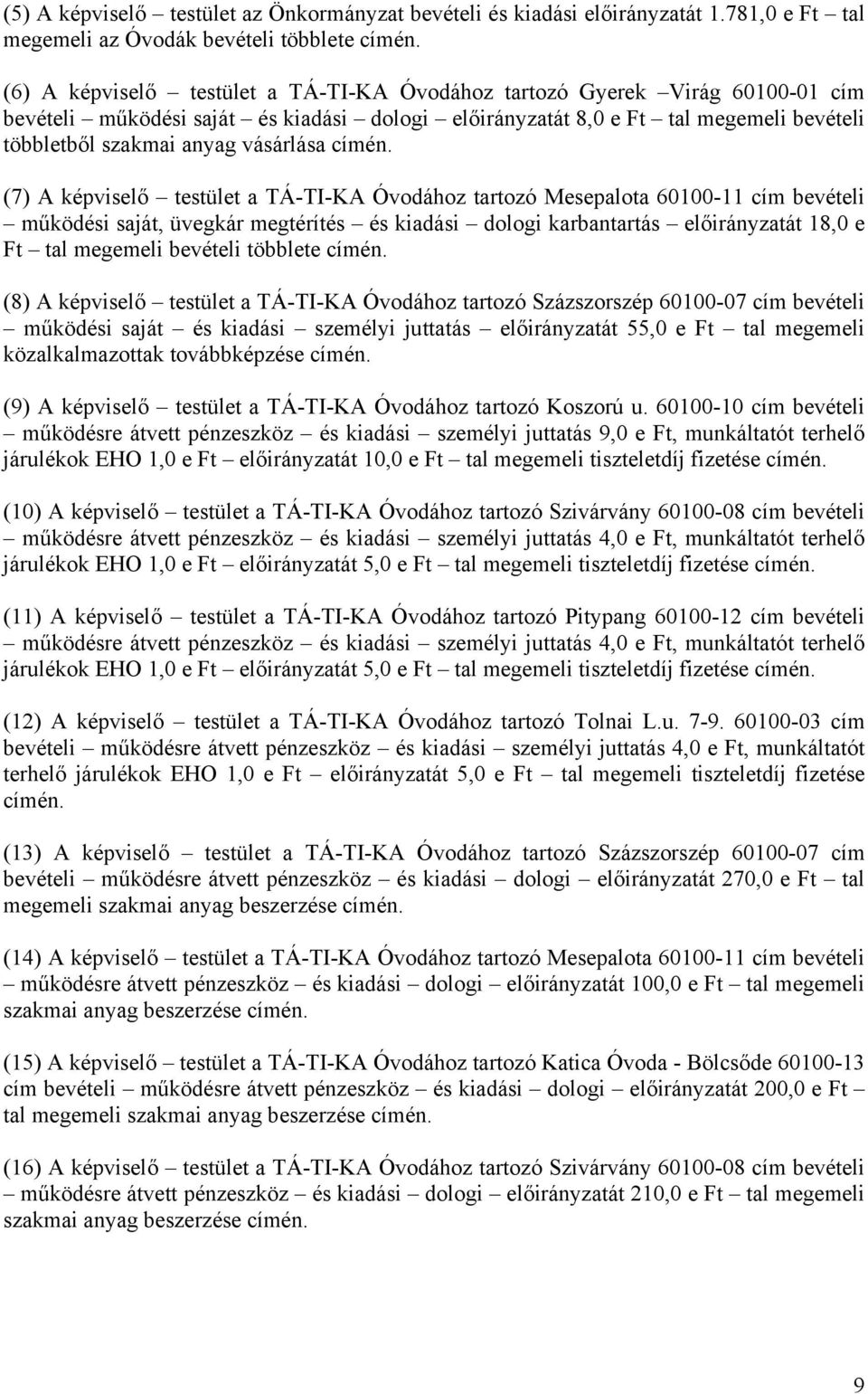 megemeli bevételi többletből szakmai anyag vásárlása (7) A képviselő testület a TÁ-TI-KA Óvodához tartozó Mesepalota 60100-11 cím bevételi működési saját, üvegkár megtérítés és kiadási dologi