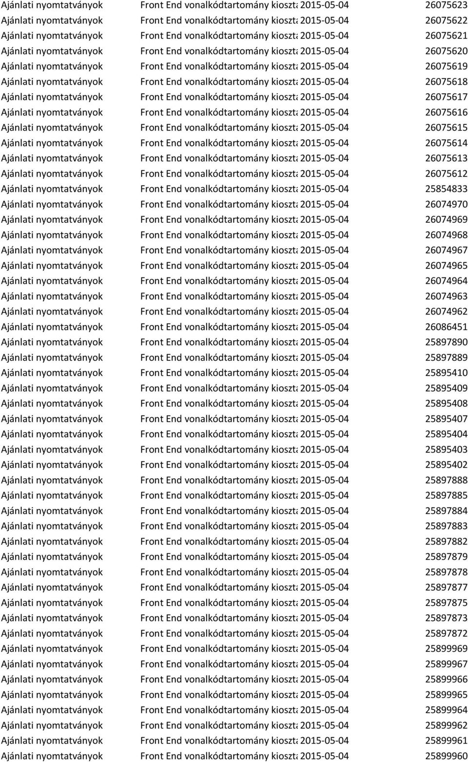 26075619 Ajánlati nyomtatványok Front End vonalkódtartomány kiosztás2015-05-04 26075618 Ajánlati nyomtatványok Front End vonalkódtartomány kiosztás2015-05-04 26075617 Ajánlati nyomtatványok Front End