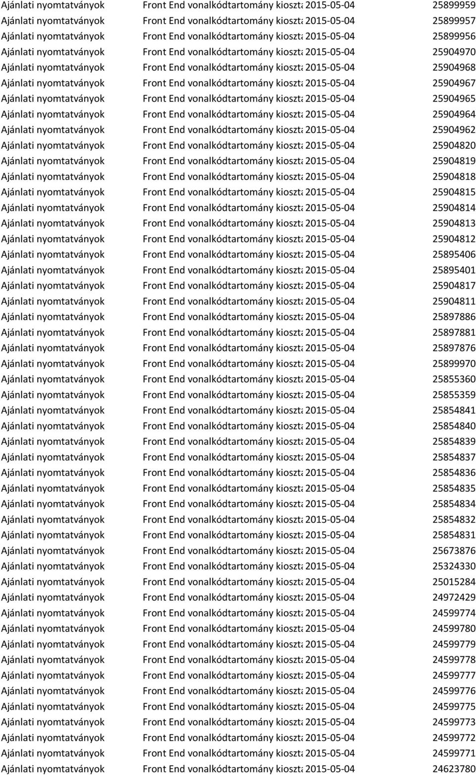 25904968 Ajánlati nyomtatványok Front End vonalkódtartomány kiosztás2015-05-04 25904967 Ajánlati nyomtatványok Front End vonalkódtartomány kiosztás2015-05-04 25904965 Ajánlati nyomtatványok Front End