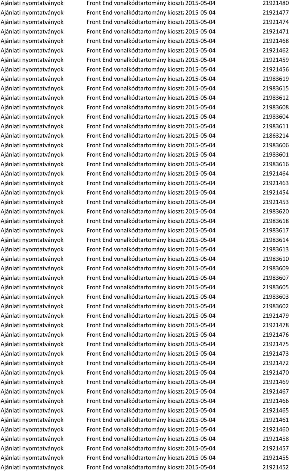 21921468 Ajánlati nyomtatványok Front End vonalkódtartomány kiosztás2015-05-04 21921462 Ajánlati nyomtatványok Front End vonalkódtartomány kiosztás2015-05-04 21921459 Ajánlati nyomtatványok Front End