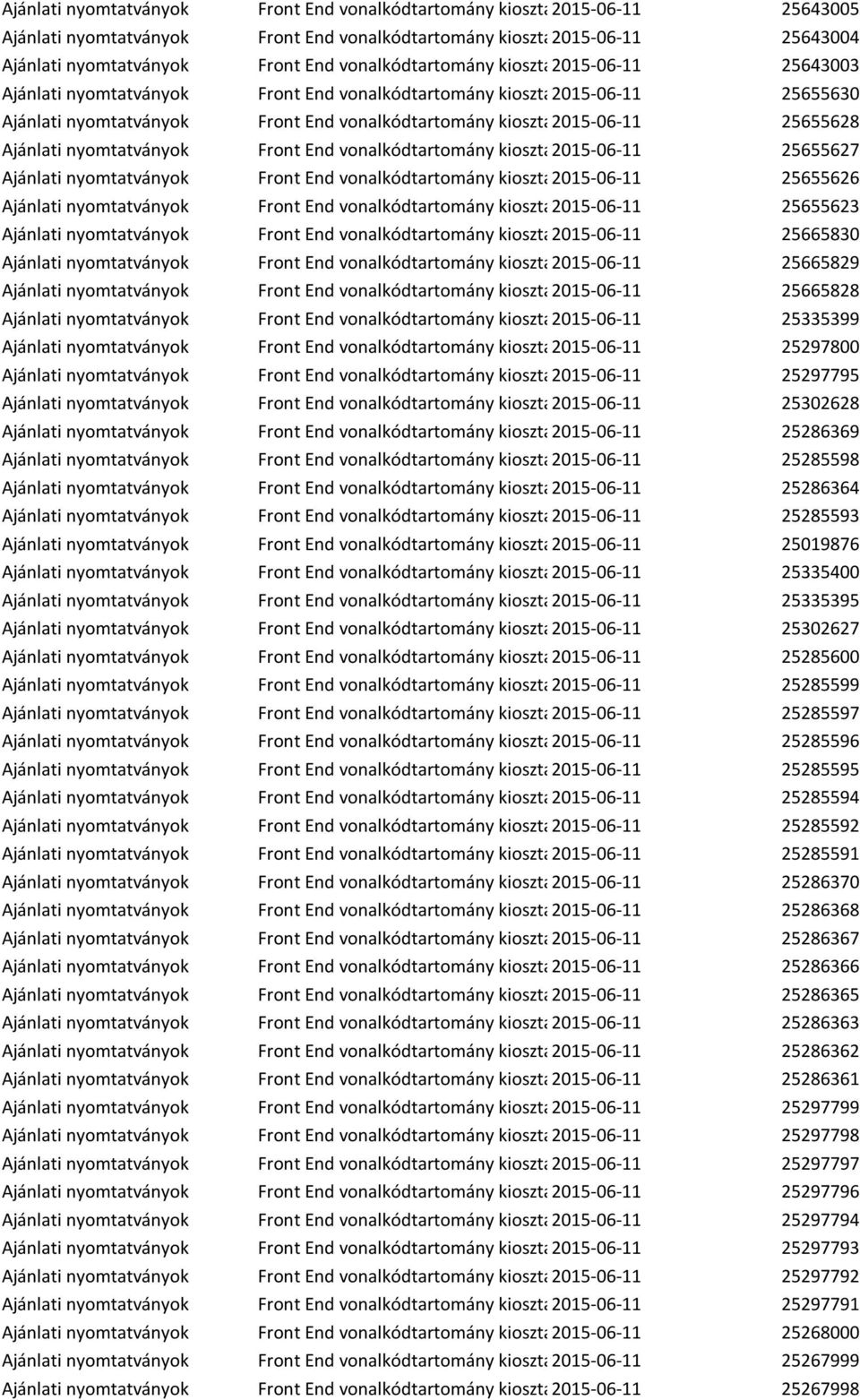 25655628 Ajánlati nyomtatványok Front End vonalkódtartomány kiosztás2015-06-11 25655627 Ajánlati nyomtatványok Front End vonalkódtartomány kiosztás2015-06-11 25655626 Ajánlati nyomtatványok Front End