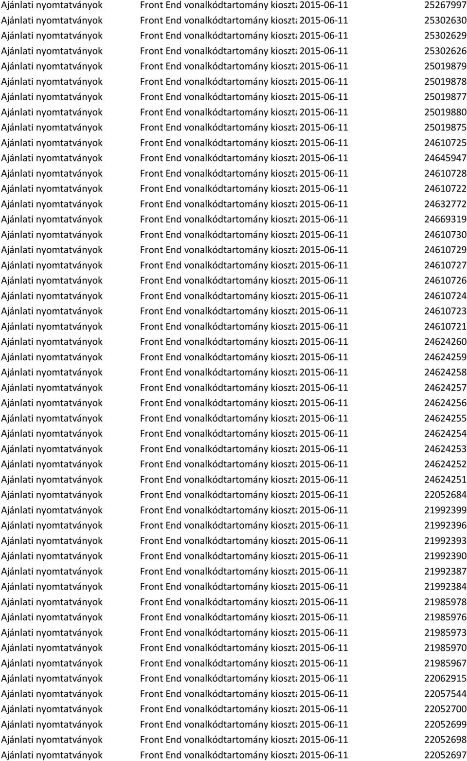 25019879 Ajánlati nyomtatványok Front End vonalkódtartomány kiosztás2015-06-11 25019878 Ajánlati nyomtatványok Front End vonalkódtartomány kiosztás2015-06-11 25019877 Ajánlati nyomtatványok Front End