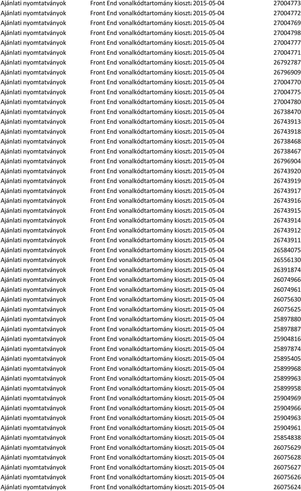 27004777 Ajánlati nyomtatványok Front End vonalkódtartomány kiosztás2015-05-04 27004771 Ajánlati nyomtatványok Front End vonalkódtartomány kiosztás2015-05-04 26792787 Ajánlati nyomtatványok Front End