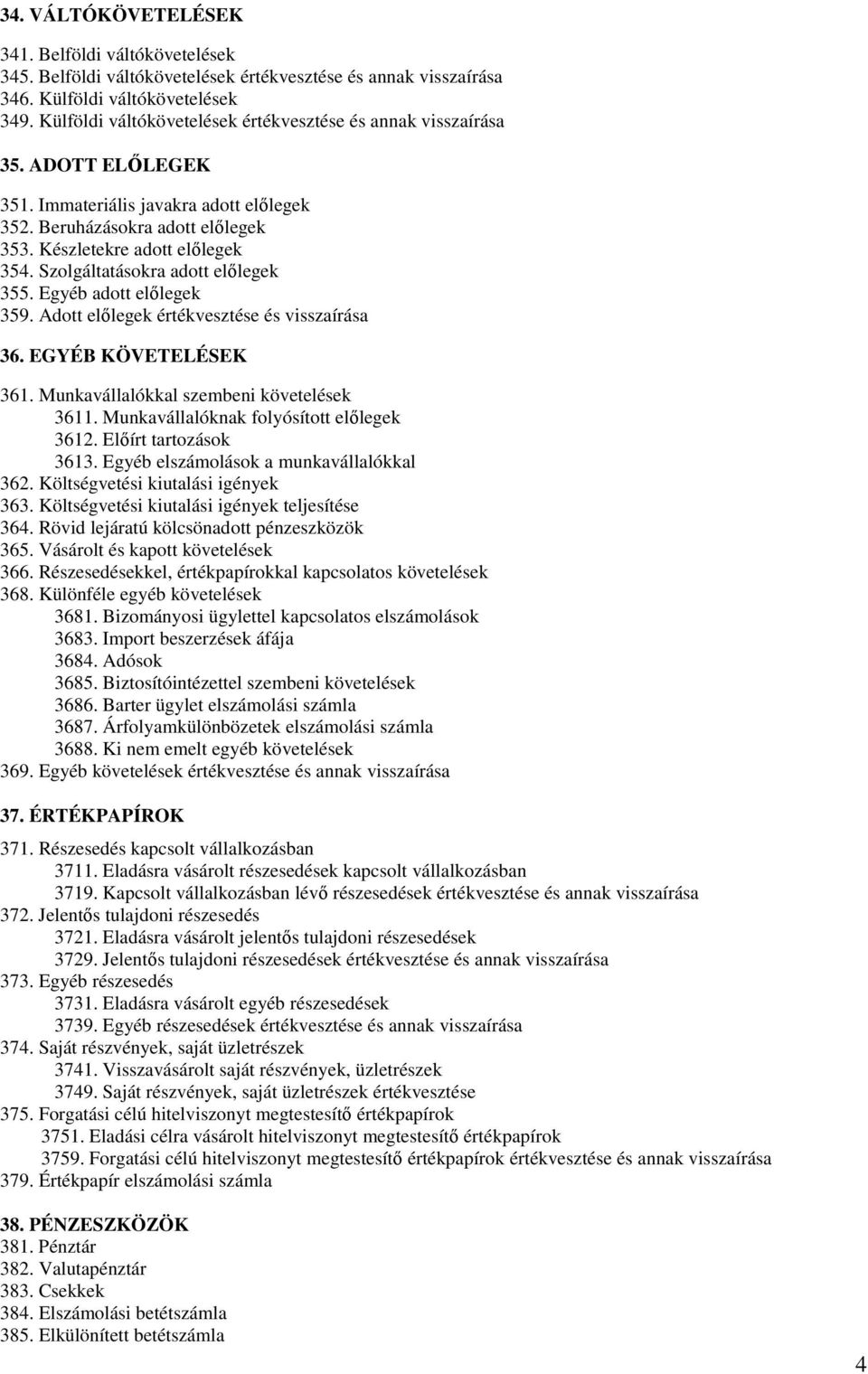 Szolgáltatásokra adott előlegek 355. Egyéb adott előlegek 359. Adott előlegek értékvesztése és visszaírása 36. EGYÉB KÖVETELÉSEK 361. Munkavállalókkal szembeni követelések 3611.