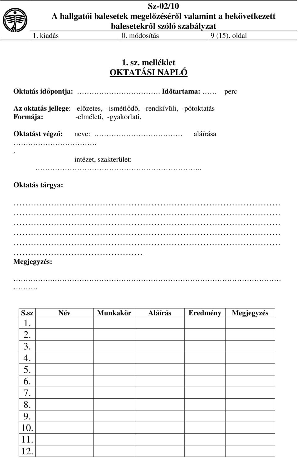 -elméleti, -gyakorlati, Oktatást végző: neve: aláírása.. intézet, szakterület:.