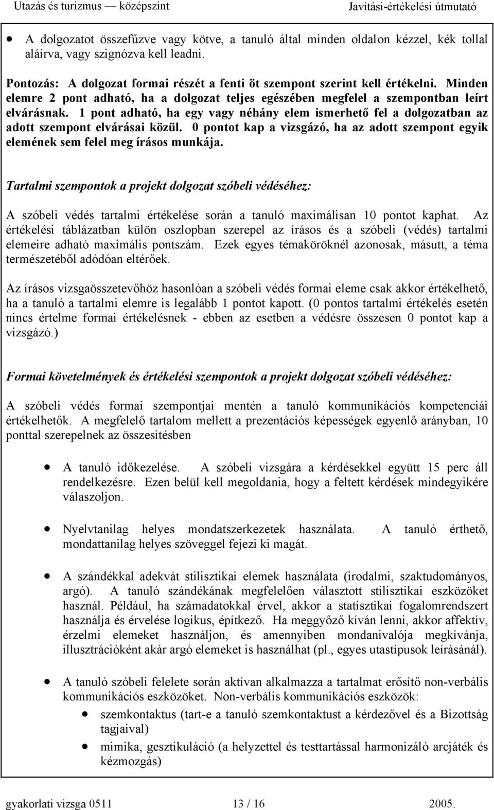 1 pont adható, ha egy vagy néhány elem ismerhető fel a dolgozatban az adott szempont elvárásai közül. 0 pontot kap a vizsgázó, ha az adott szempont egyik elemének sem felel meg írásos munkája.