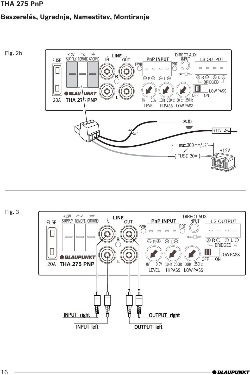 0.3V 10Hz 250Hz 50Hz 250Hz LEVEL HI PASS LOW PASS LOW PASS ON max.300 mm/12 ( FUSE 20A ) 12V Fig.