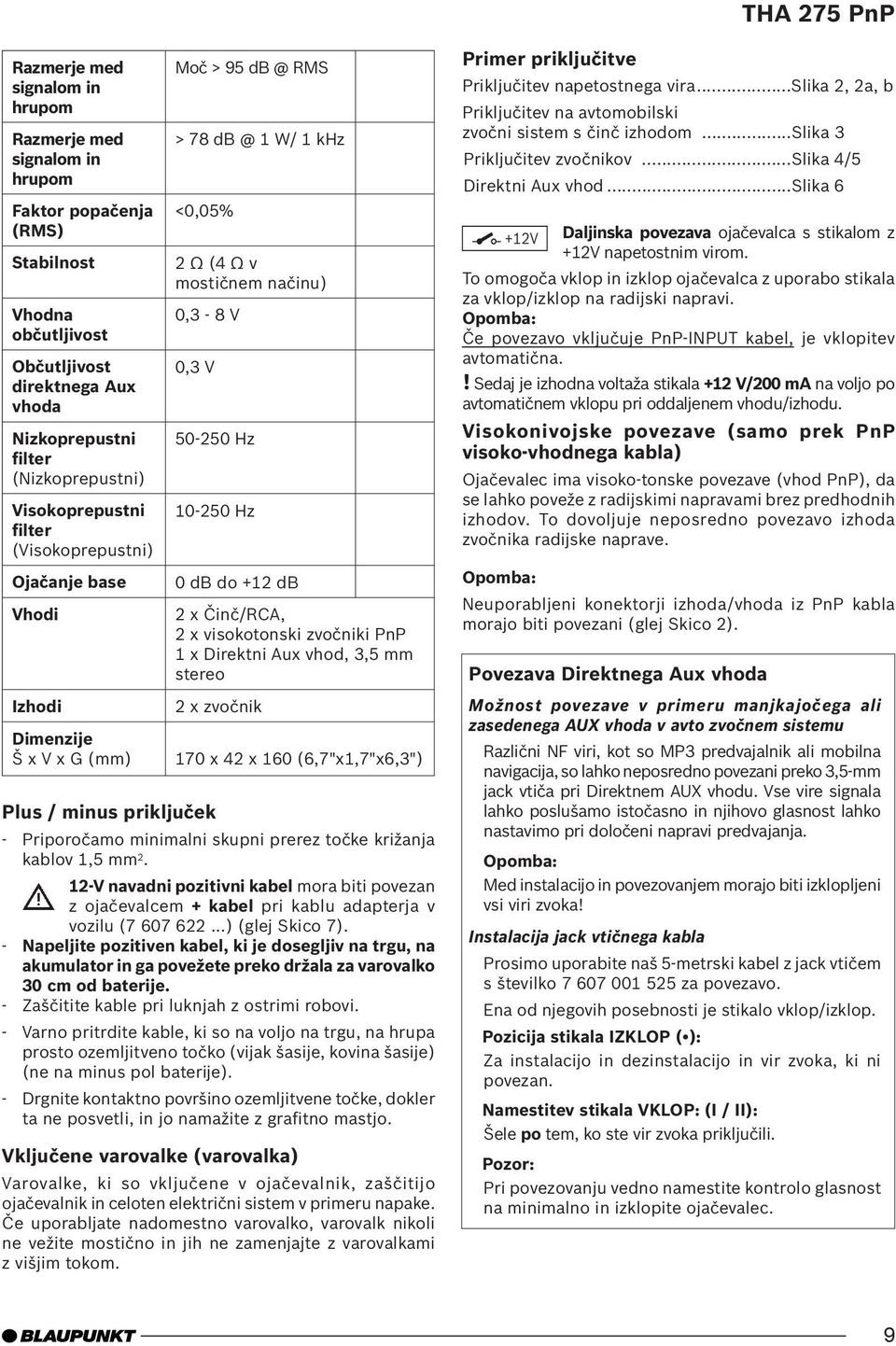 Hz 0 db do +12 db 2 x Činč/RCA, 2 x visokotonski zvočniki PnP 1 x Direktni Aux vhod, 3,5 mm stereo 2 x zvočnik 170 x 42 x 160 (6,7"x1,7"x6,3") Plus / minus priključek - Priporočamo minimalni skupni