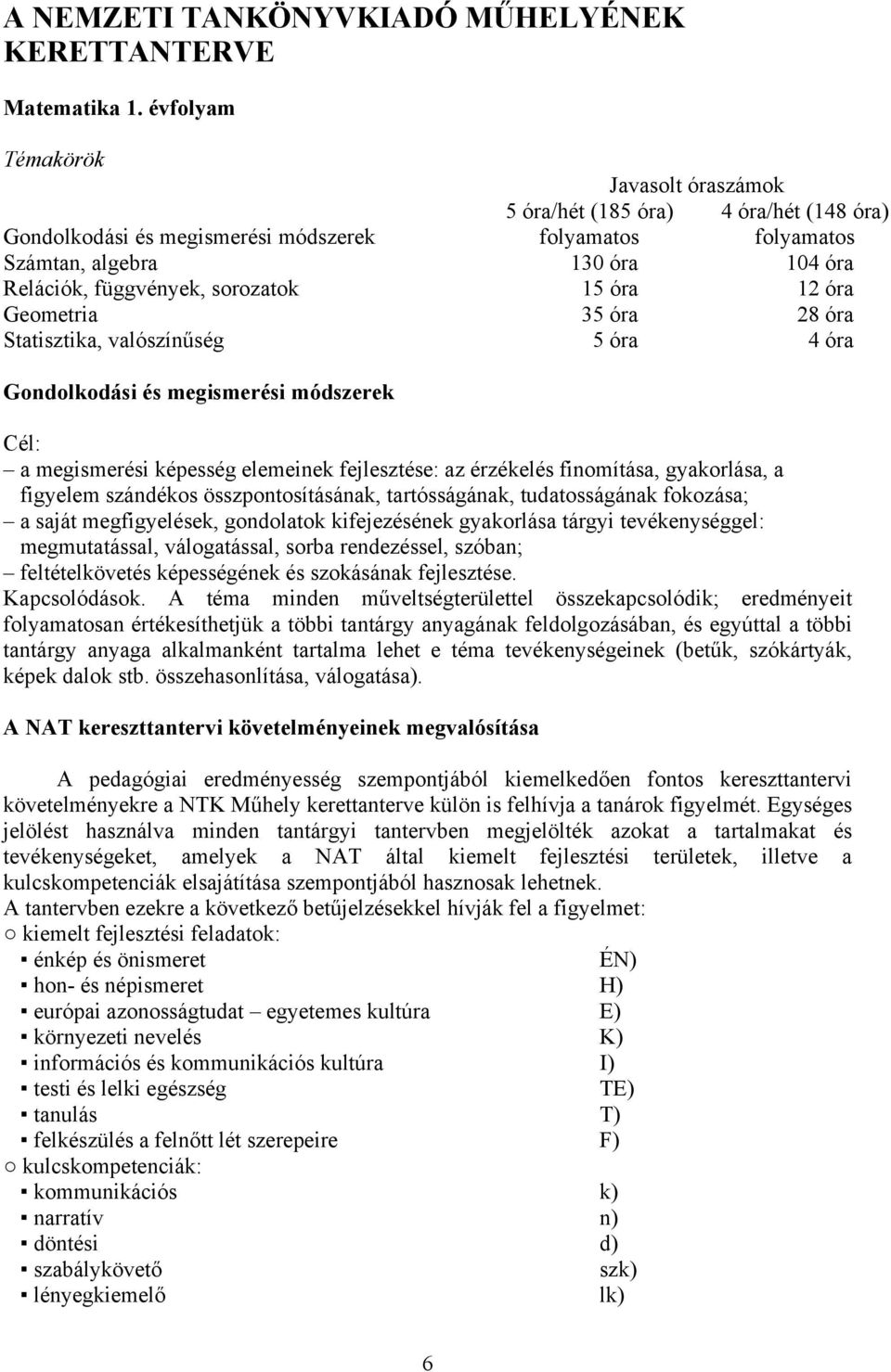 sorozatok 15 óra 12 óra Geometria 35 óra 28 óra Statisztika, valószínűség 5 óra 4 óra Gondolkodási és megismerési módszerek Cél: a megismerési képesség elemeinek fejlesztése: az érzékelés finomítása,
