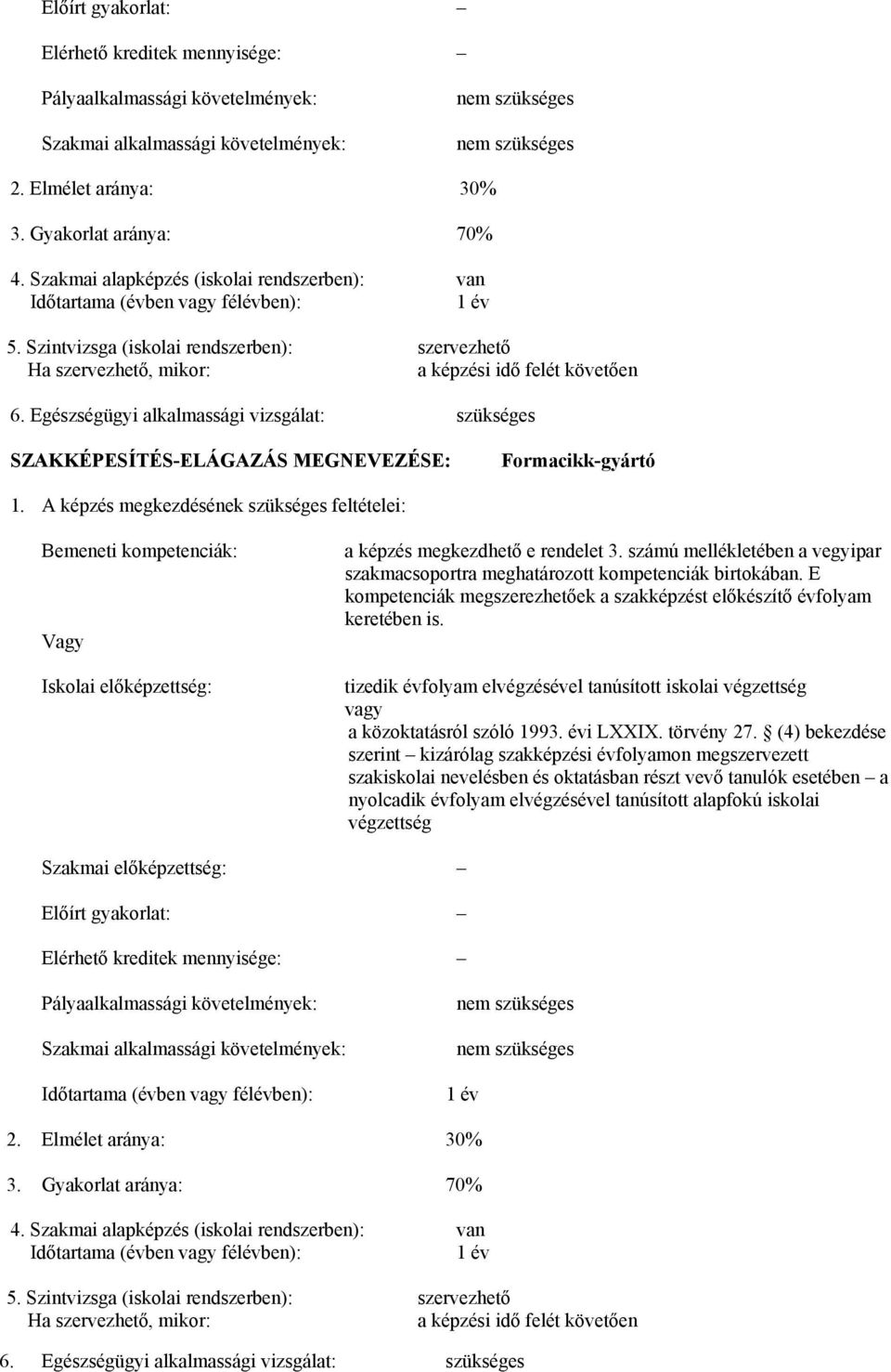 Egészségügyi alkalmassági vizsgálat: szükséges SZAKKÉPESÍTÉS-ELÁGAZÁS MEGNEVEZÉSE: Formacikk-gyártó 1.
