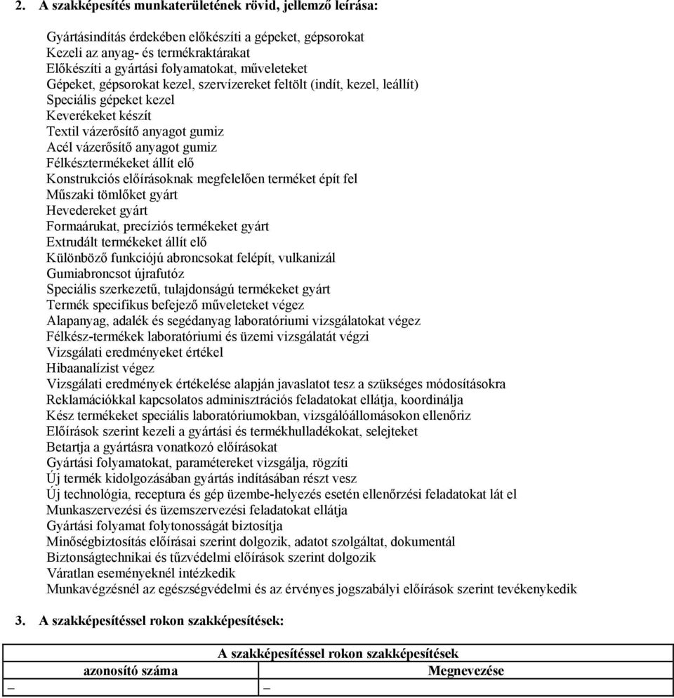 Félkésztermékeket állít elő Konstrukciós előírásoknak megfelelően terméket épít fel Műszaki tömlőket gyárt Hevedereket gyárt Formaárukat, precíziós termékeket gyárt Extrudált termékeket állít elő