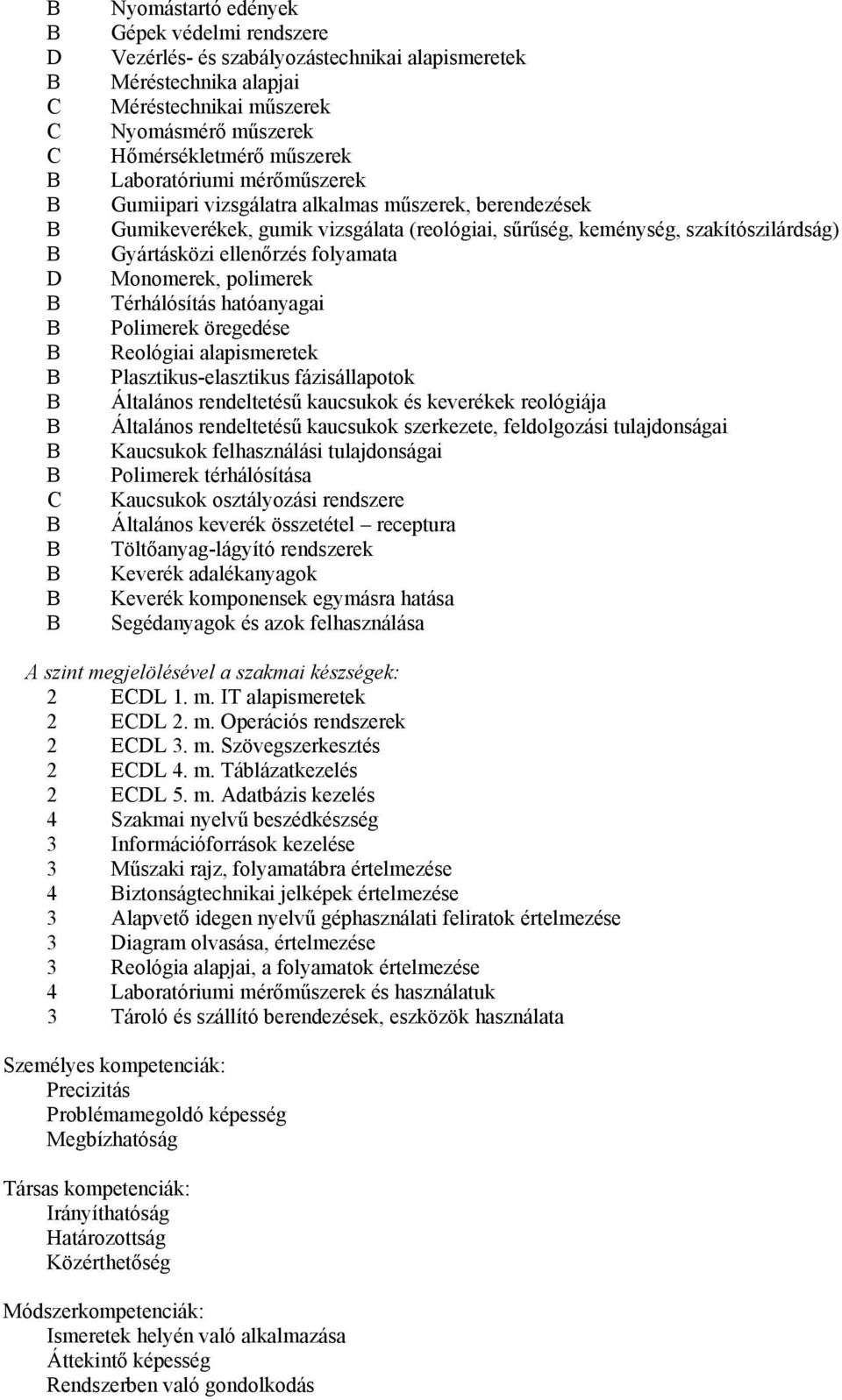Monomerek, polimerek Térhálósítás hatóanyagai Polimerek öregedése Reológiai alapismeretek Plasztikus-elasztikus fázisállapotok Általános rendeltetésű kaucsukok és keverékek reológiája Általános