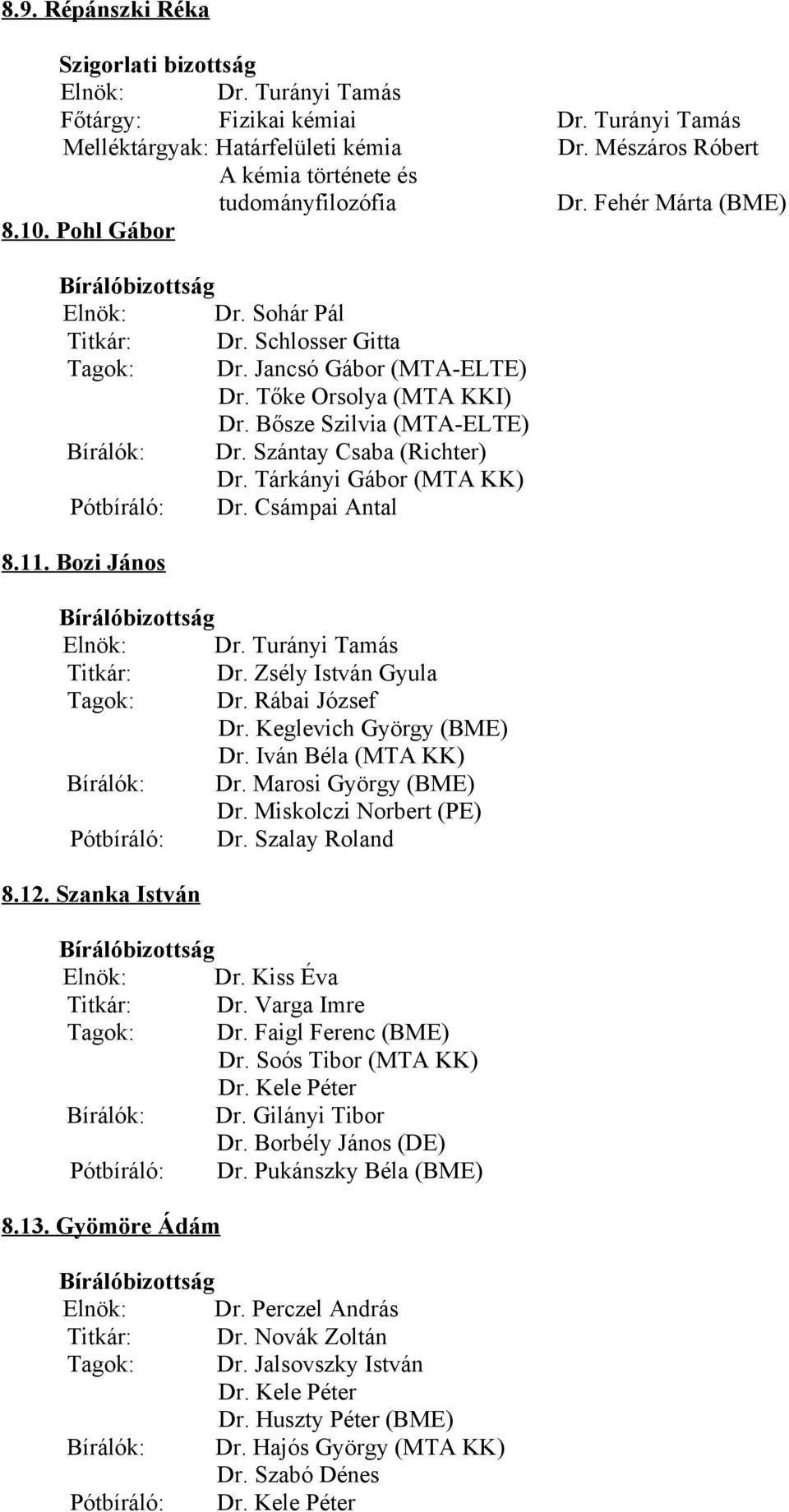 Szántay Csaba (Richter) Dr. Tárkányi Gábor (MTA KK) Pótbíráló: Dr. Csámpai Antal 8.11. Bozi János Elnök: Dr. Turányi Tamás Titkár: Dr. Zsély István Gyula Tagok: Dr. Rábai József Dr.