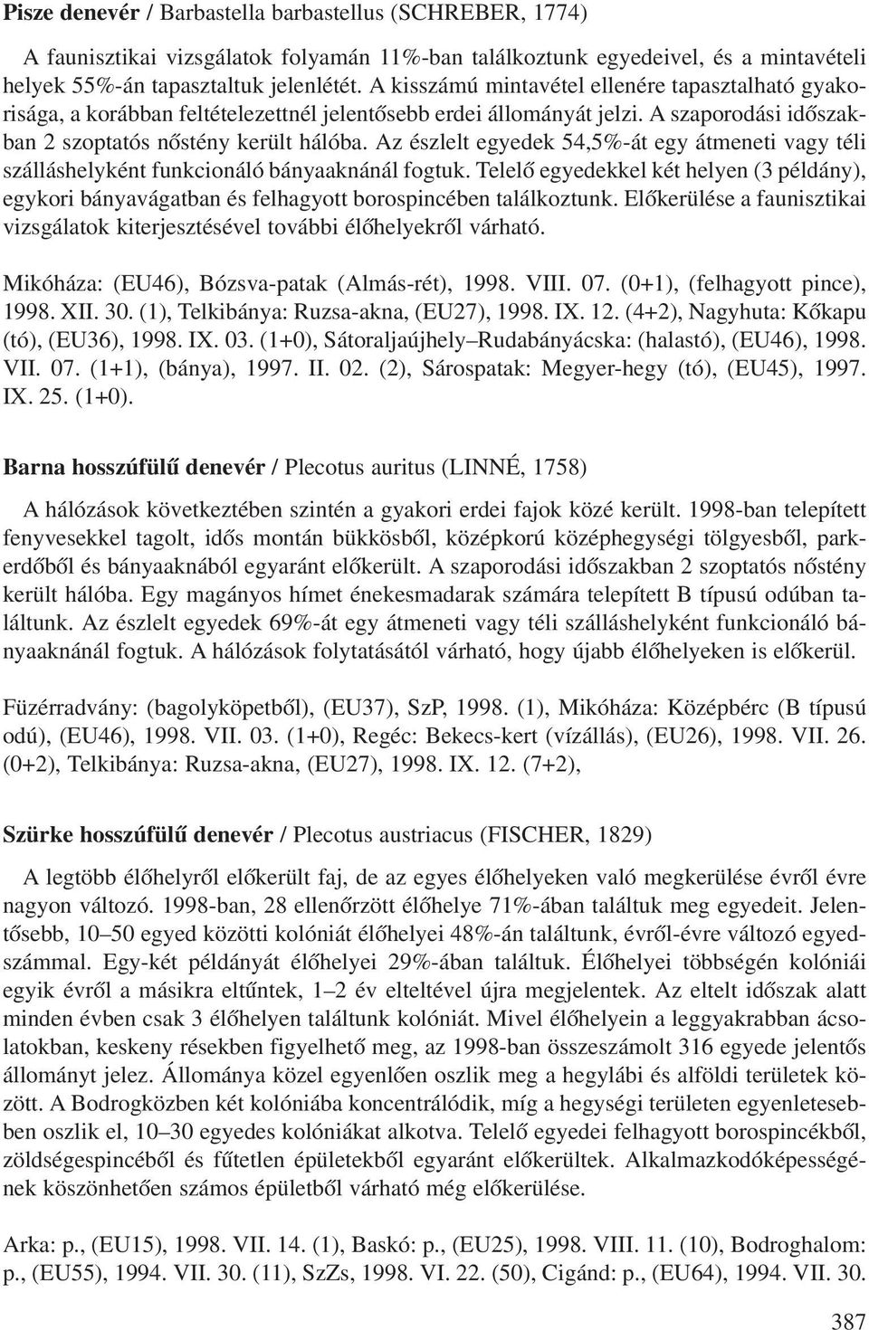Az észlelt egyedek 54,5%-át egy átmeneti vagy téli szálláshelyként funkcionáló bányaaknánál fogtuk.