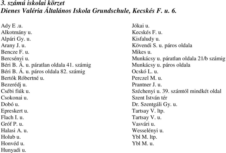 számig Ocskó L. u. Bertók Róbertné u. Perczel M. u. Bezerédj u. Prantner J. u. Csébi fiúk u. Széchenyi u. 39. számtól mindkét oldal Csokonai u. Szent István tér Dobó u. Dr.