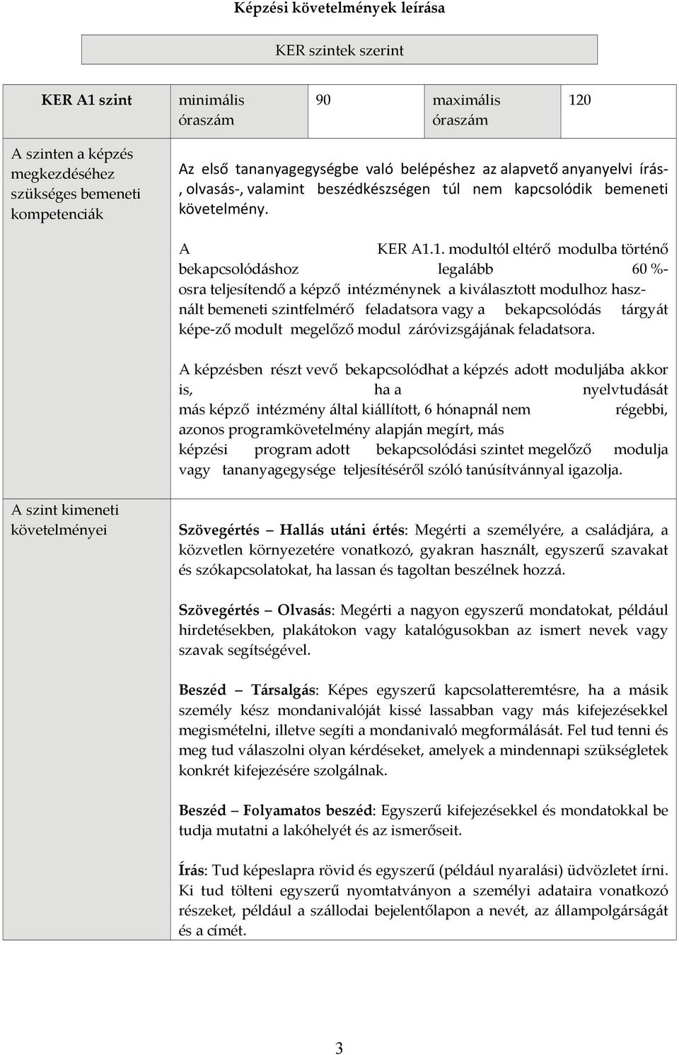 1. modultól eltérő modulba történő bekapcsolódáshoz legalább 60 % osra teljesítendő a képző intézménynek a kiválasztott modulhoz használt bemeneti szintfelmérő feladatsora vagy a bekapcsolódás