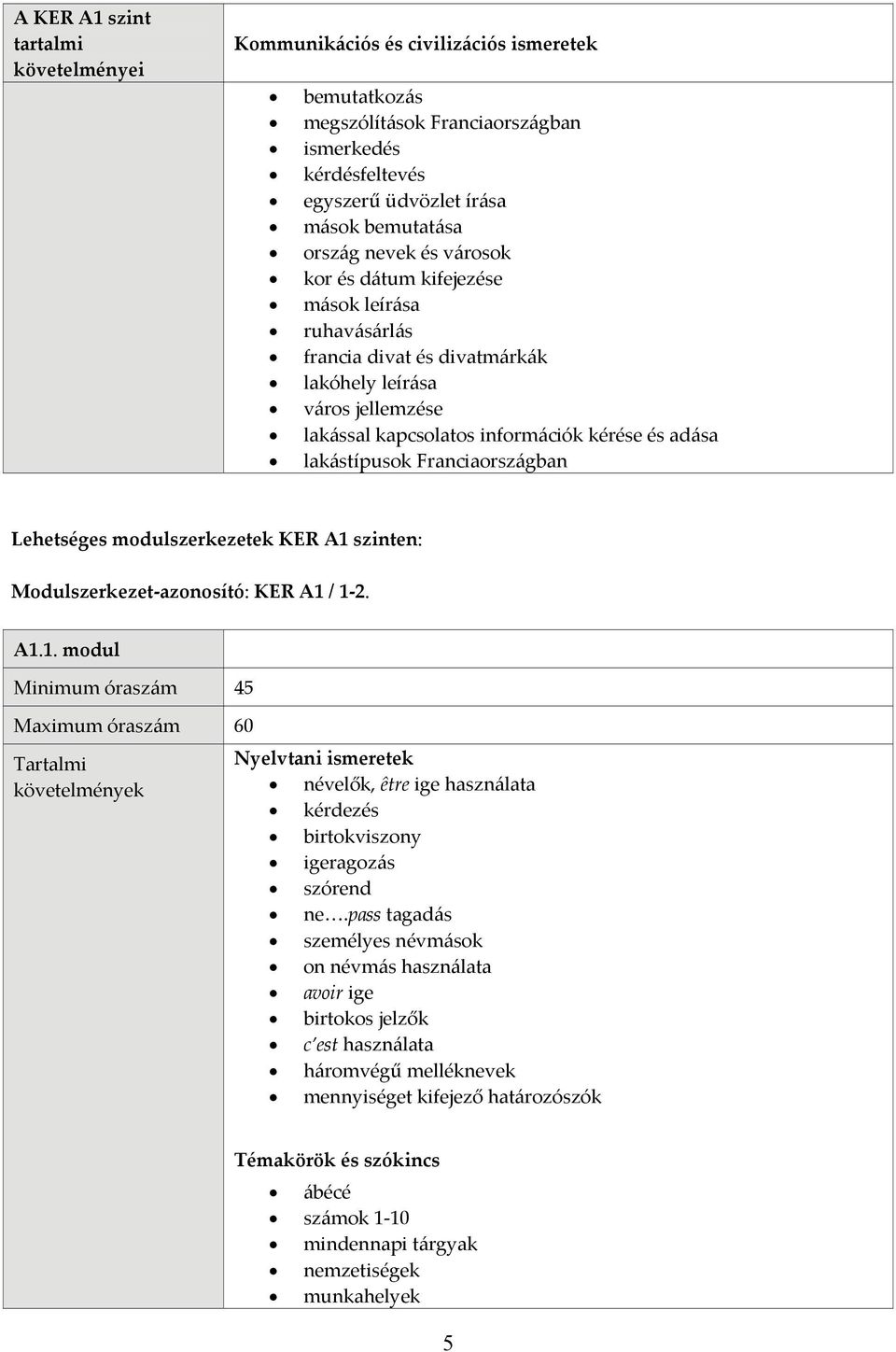 KER A1 szinten: Modulszerkezet azonosító: KER A1 / 1 2. A1.1. modul Minimum óraszám 45 Maximum óraszám 60 névelők, être ige használata kérdezés birtokviszony igeragozás szórend ne.