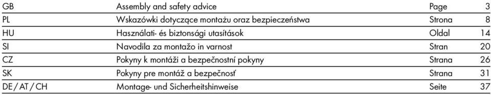 za montažo in varnost Stran 20 CZ Pokyny k montáži a bezpečnostní pokyny Strana 26