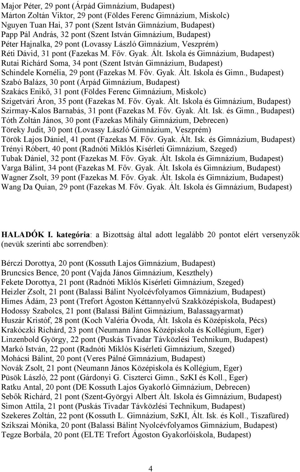 Iskola és Gimnázium, Budapest) Rutai Richárd Soma, 34 pont (Szent István Gimnázium, Budapest) Schindele Kornélia, 29 pont (Fazekas M. Főv. Gyak. Ált. Iskola és Gimn.