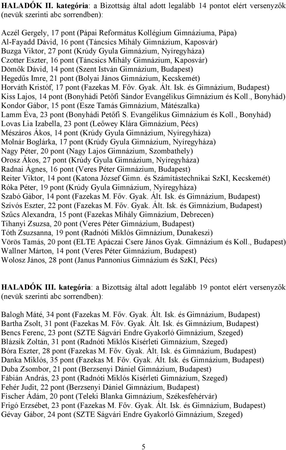 Kaposvár) Buzga Viktor, 27 pont (Krúdy Gyula Gimnázium, Nyíregyháza) Czotter Eszter, 16 pont (Táncsics Mihály Gimnázium, Kaposvár) Dömők Dávid, 14 pont (Szent István Gimnázium, Budapest) Hegedűs