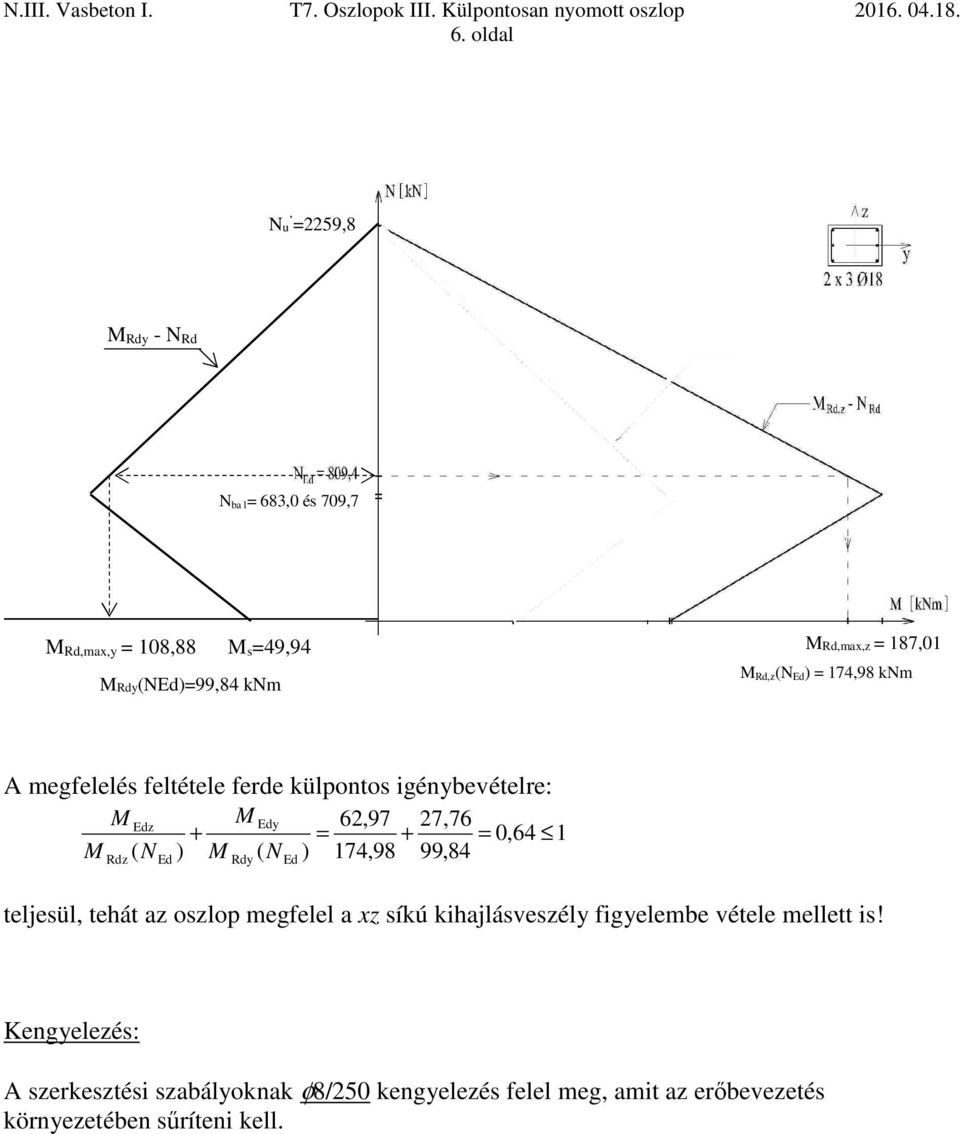 N ) 174,98 99,84 Rdz ( Ed Rdy Ed teljesül, tehát az oszlop megfelel a xz síkú kihajlásveszély figyelembe vétele mellett