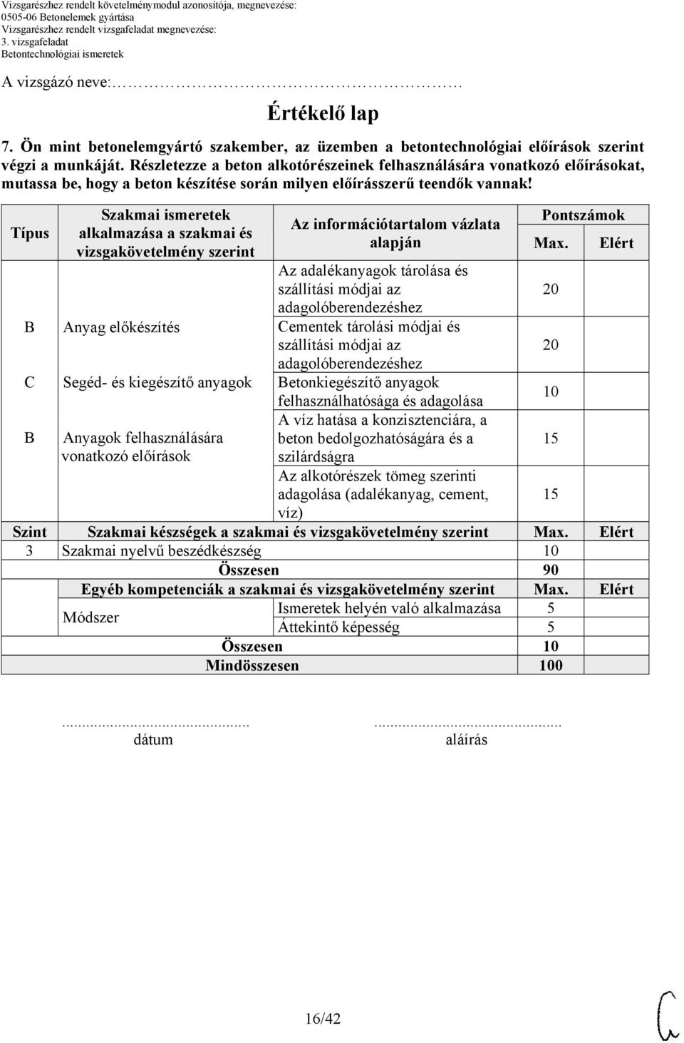 Típus C Szakmai ismeretek alkalmazása a szakmai és vizsgakövetelmény szerint Anyag előkészítés Segéd- és kiegészítő anyagok Anyagok felhasználására vonatkozó előírások Az információtartalom vázlata