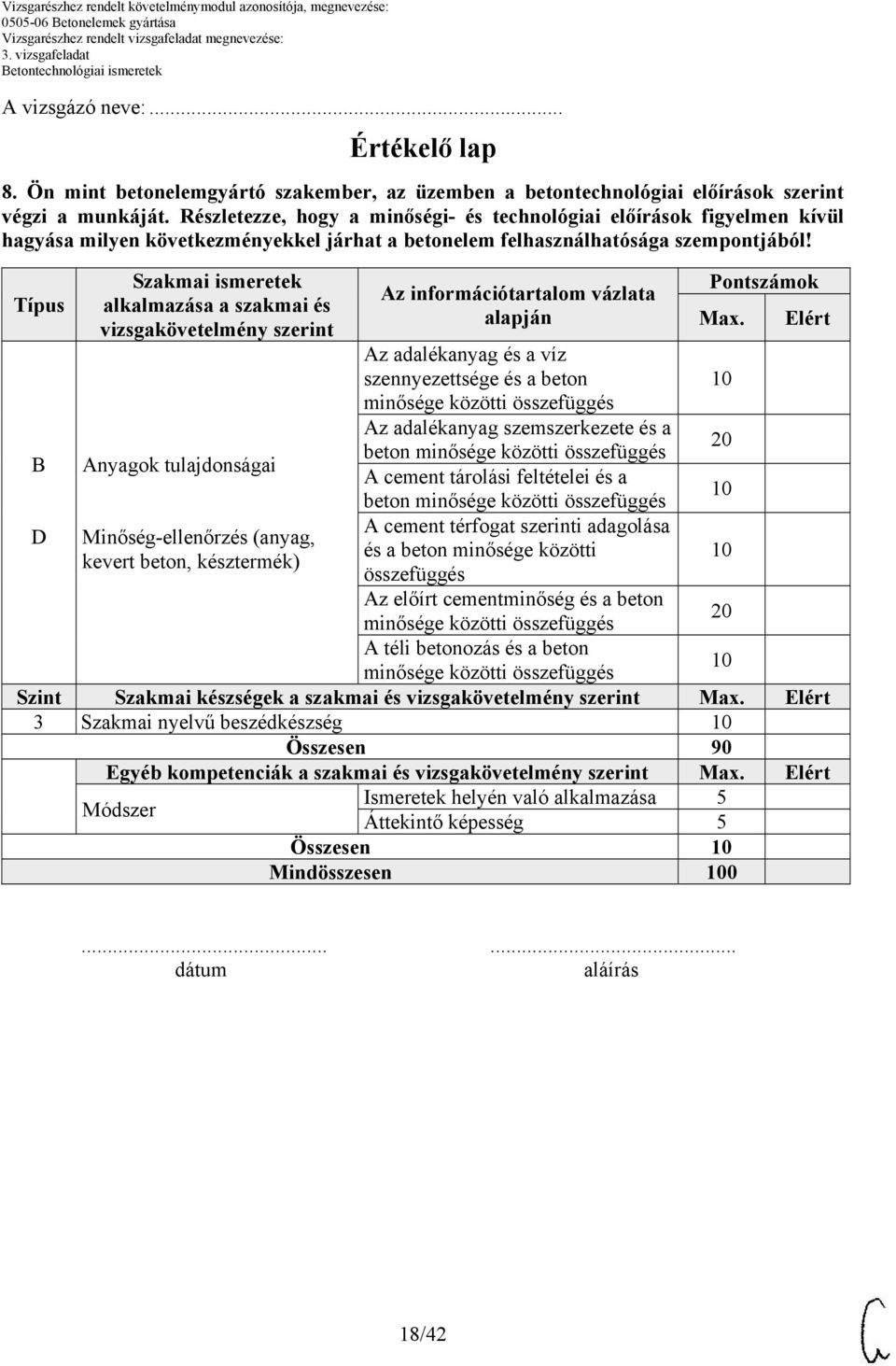 Típus D Szakmai ismeretek alkalmazása a szakmai és vizsgakövetelmény szerint Anyagok tulajdonságai Minőség-ellenőrzés (anyag, kevert beton, késztermék) Az információtartalom vázlata alapján Az