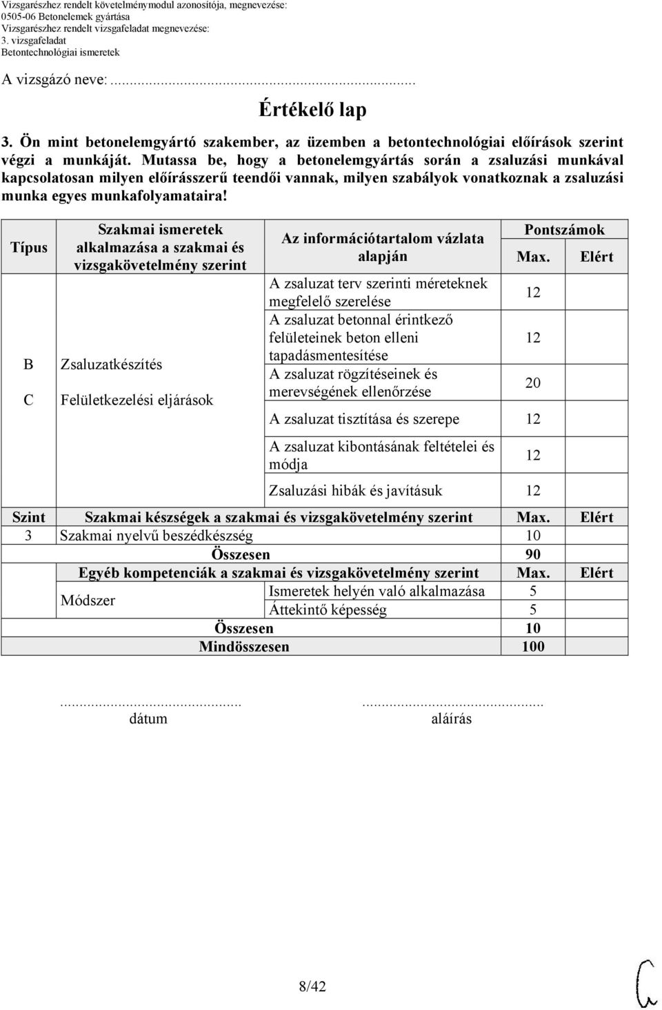 Típus C Szakmai ismeretek alkalmazása a szakmai és vizsgakövetelmény szerint Zsaluzatkészítés Felületkezelési eljárások Az információtartalom vázlata alapján A zsaluzat terv szerinti méreteknek