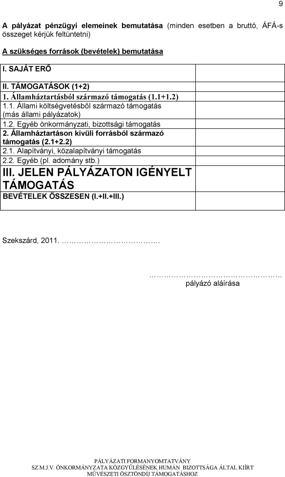 2. Egyéb önkormányzati, bizottsági támogatás 2. Államháztartáson kívüli forrásból származó támogatás (2.1+2.2) 2.1. Alapítványi, közalapítványi támogatás 2.