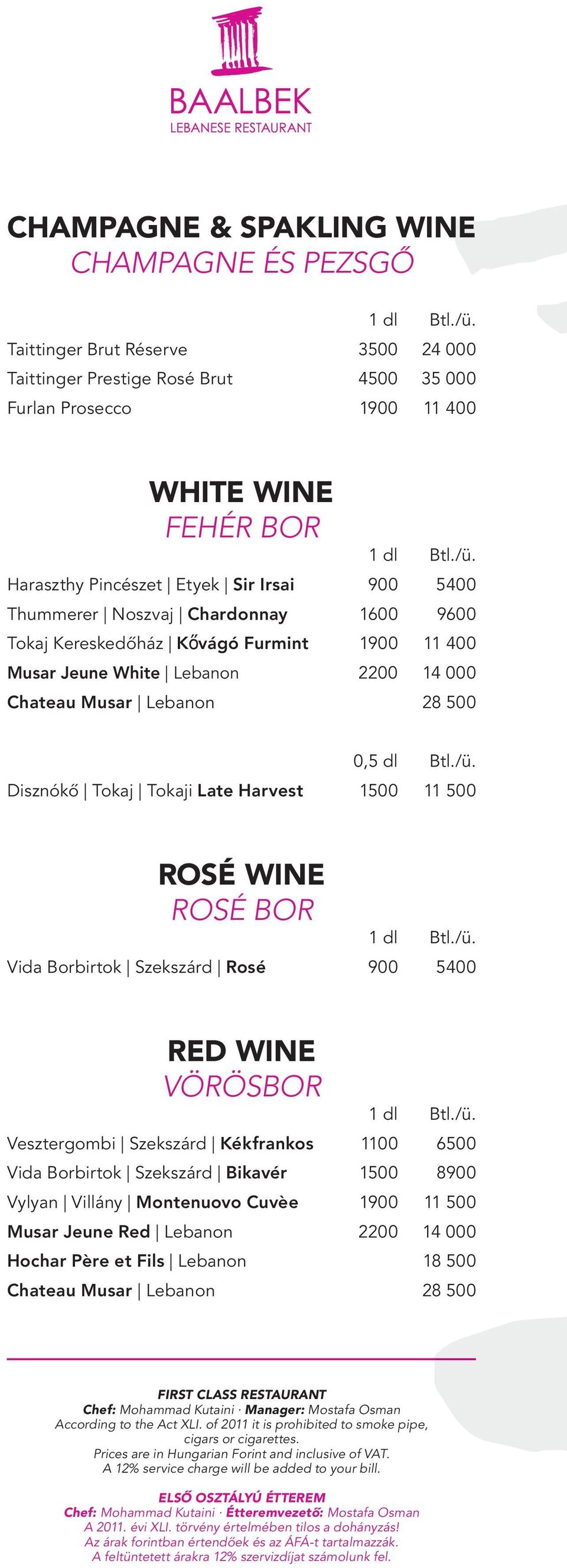 Disznókő Tokaj Tokaji Late Harvest 1500 11 500 ROSÉ WINE ROSÉ BOR Vida Borbirtok Szekszárd Rosé 900 5400 RED WINE VÖRÖSBOR Vesztergombi Szekszárd Kékfrankos 1100 6500 Vida Borbirtok Szekszárd Bikavér