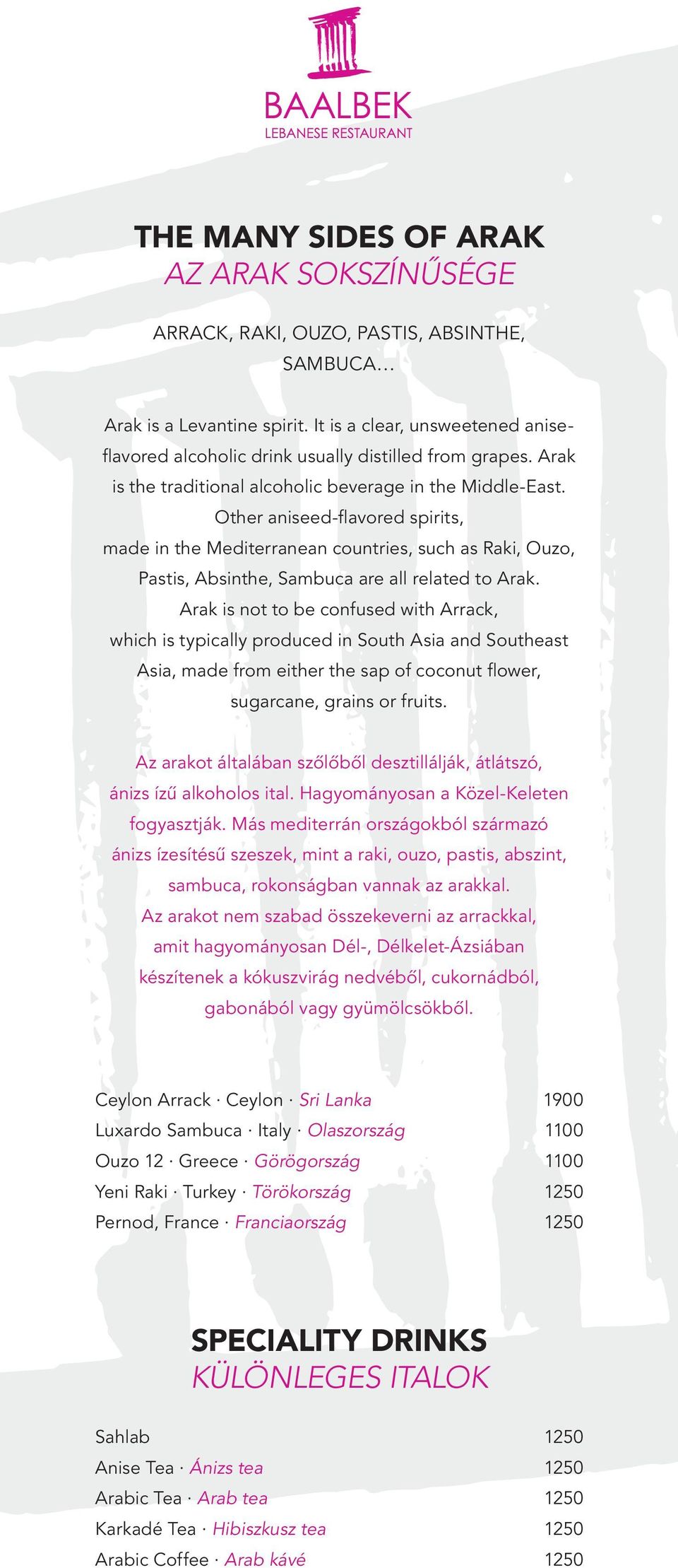 Other aniseed-flavored spirits, made in the Mediterranean countries, such as Raki, Ouzo, Pastis, Absinthe, Sambuca are all related to Arak.