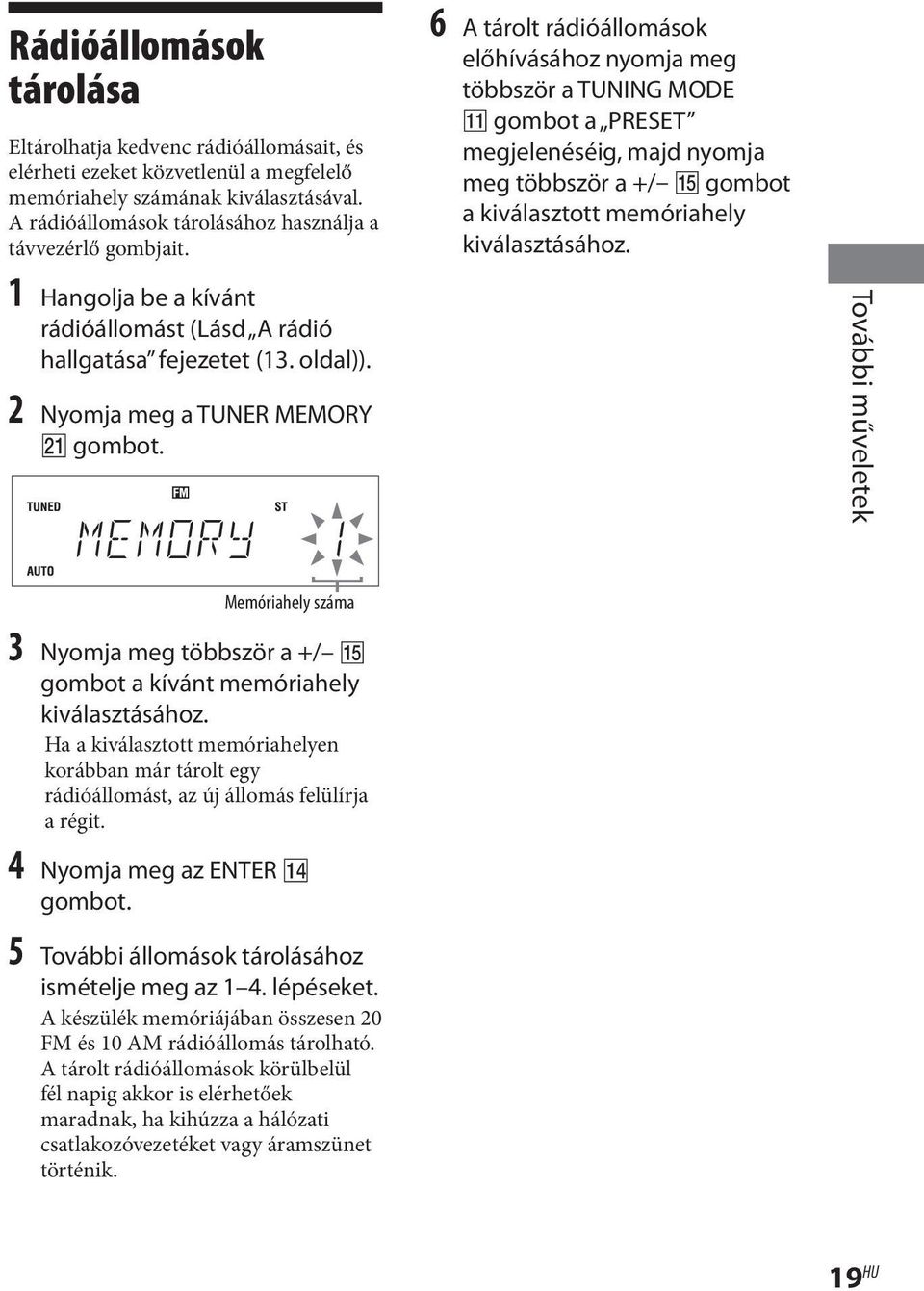 6 A tárolt rádióállomások előhívásához nyomja meg többször a TUNING MODE gombot a PRESET megjelenéséig, majd nyomja meg többször a +/ gombot a kiválasztott memóriahely kiválasztásához.