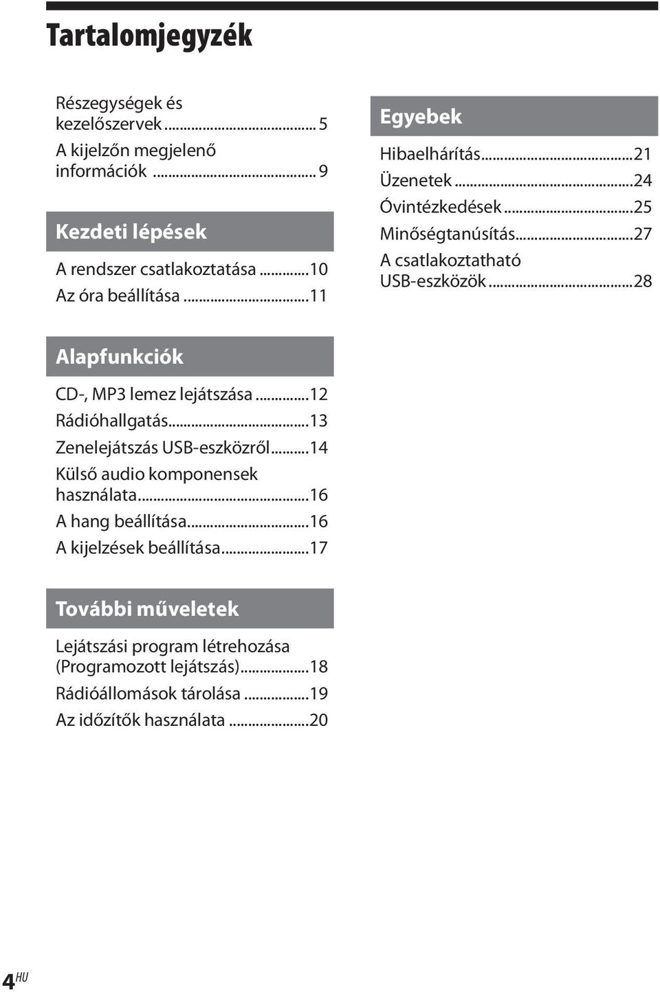 ..28 Alapfunkciók CD-, MP3 lemez lejátszása...12 Rádióhallgatás...13 Zenelejátszás USB-eszközről...14 Külső audio komponensek használata.