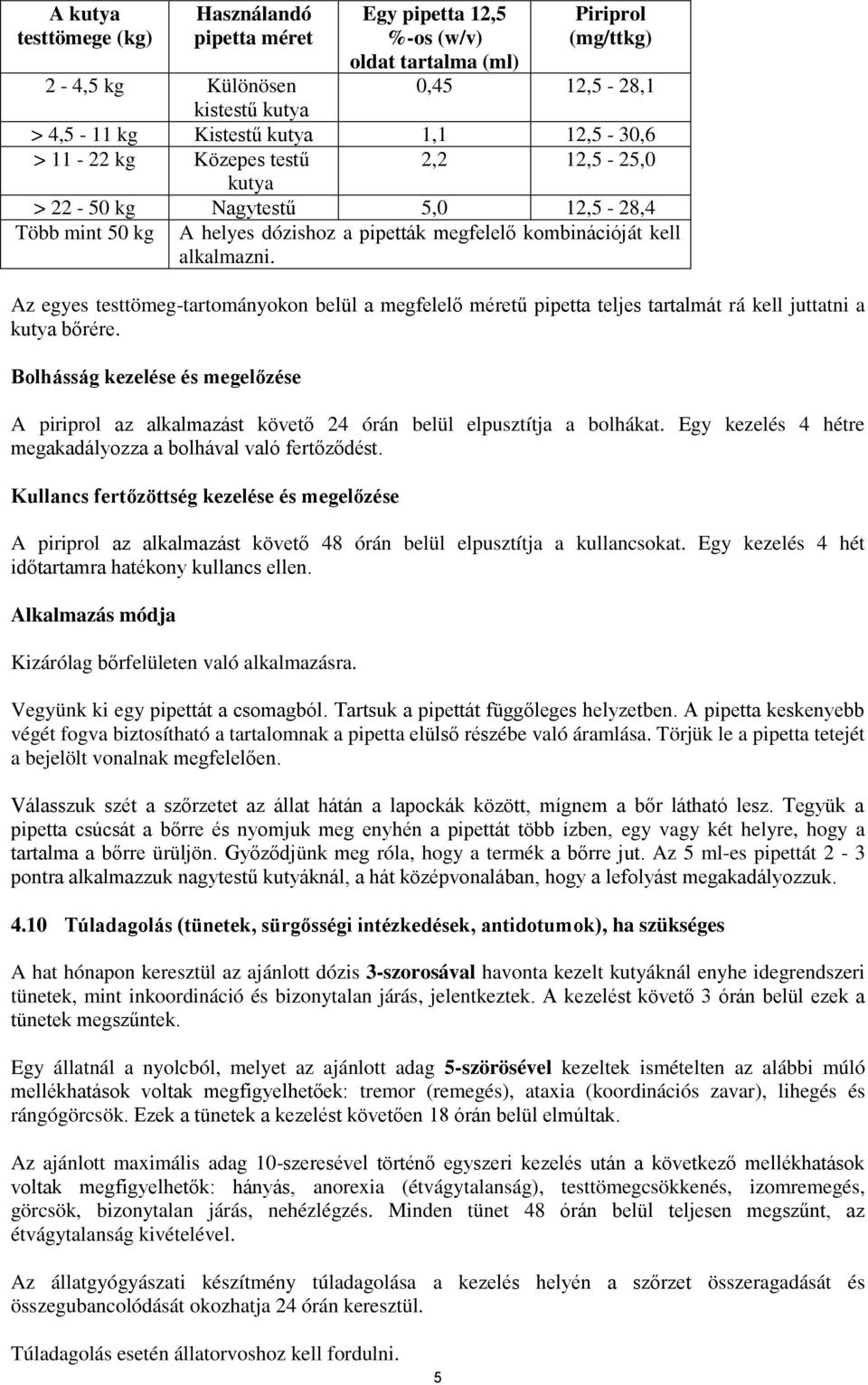 Az egyes testtömeg-tartományokon belül a megfelelő méretű pipetta teljes tartalmát rá kell juttatni a kutya bőrére.