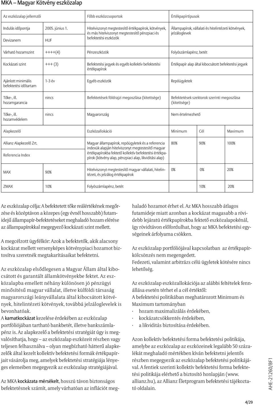 Repóügyletek nincs Magyarország Nem értelmezhető Alapkezelő Eszközallokáció Minimum Cél Maximum Referencia Magyar állampapírok, repóügyletek és a referencia indexük alapján hitelviszonyt megtestesítő