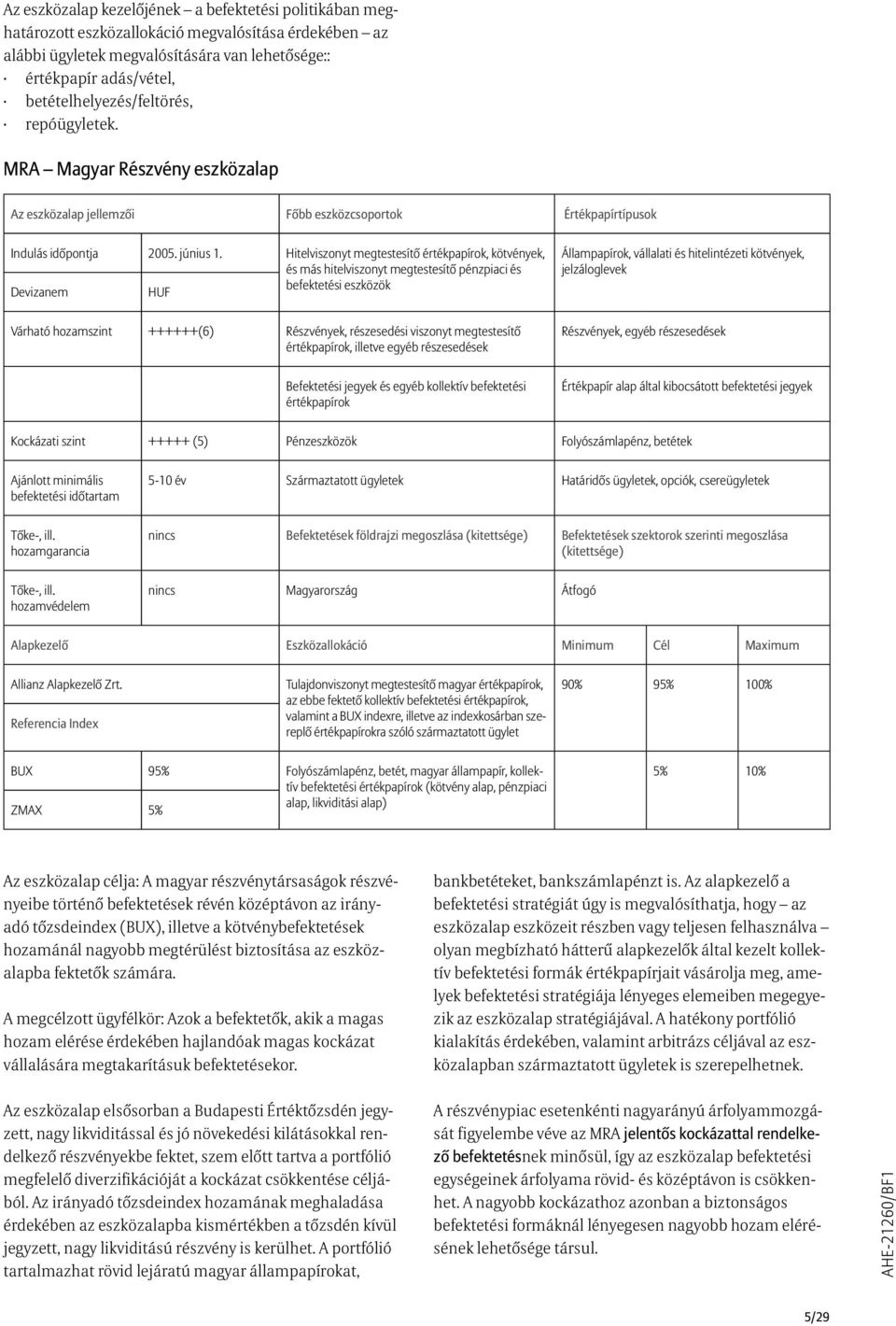 egyéb kollektív befektetési Kockázati szint +++++ (5) Pénzeszközök Folyószámlapénz, betétek 5-10 év Származtatott ügyletek Határidős ügyletek, opciók, csereügyletek nincs Magyarország Átfogó